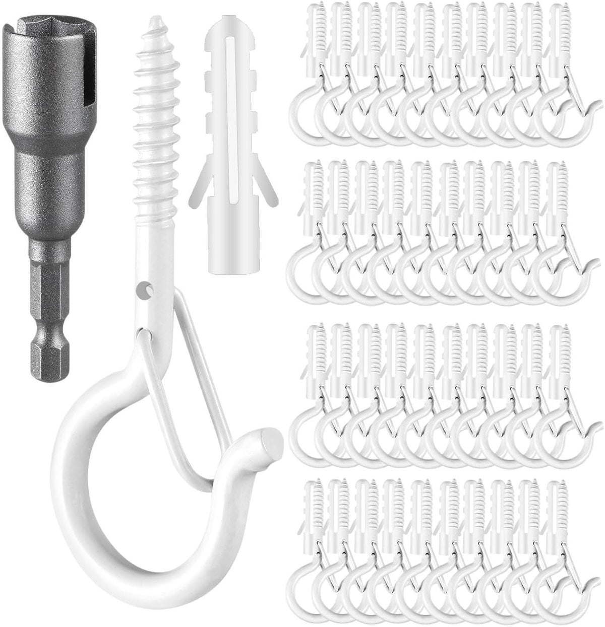 96 PCS Q-Hanger Hooks, Screw Hooks for Outdoor String Lights, Safety Buckle Design Cup Eye Hook for Hanging Christmas Lights, Plants, Mounted on Wall Ceiling, Include 1 Wing Nut Driver, White
