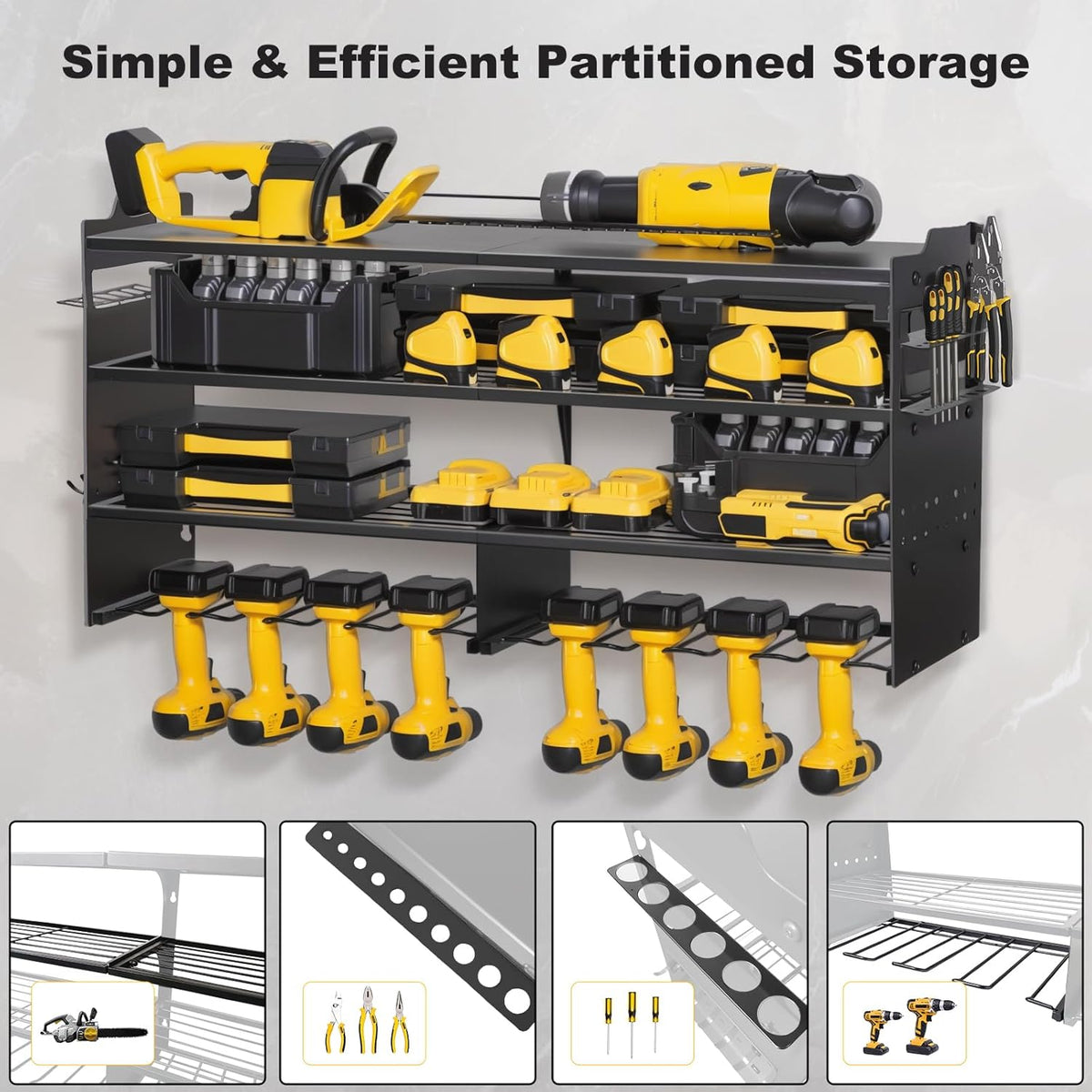 oviitech Power Tool Organizer Wall Mount, 8 Drill Holder Wall Mount Loads 400lbs, 4 Layer Heavy Duty Metal Power Tool Storage, Black, Utility Rack for Garage Workshop, Gifts for Men