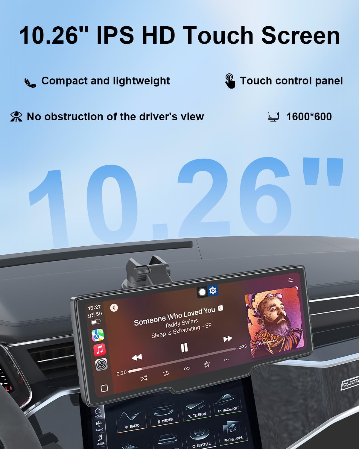Portable Carplay Screen 10.26'' HD IPS Apple Carplay & Android Auto Screen for Car, Wireless Car Play Stereo with 4K Dash Cam/1080P Rear Camera, Car Audio Receivers,GPS Navigation,Mirror Link,FM,Siri