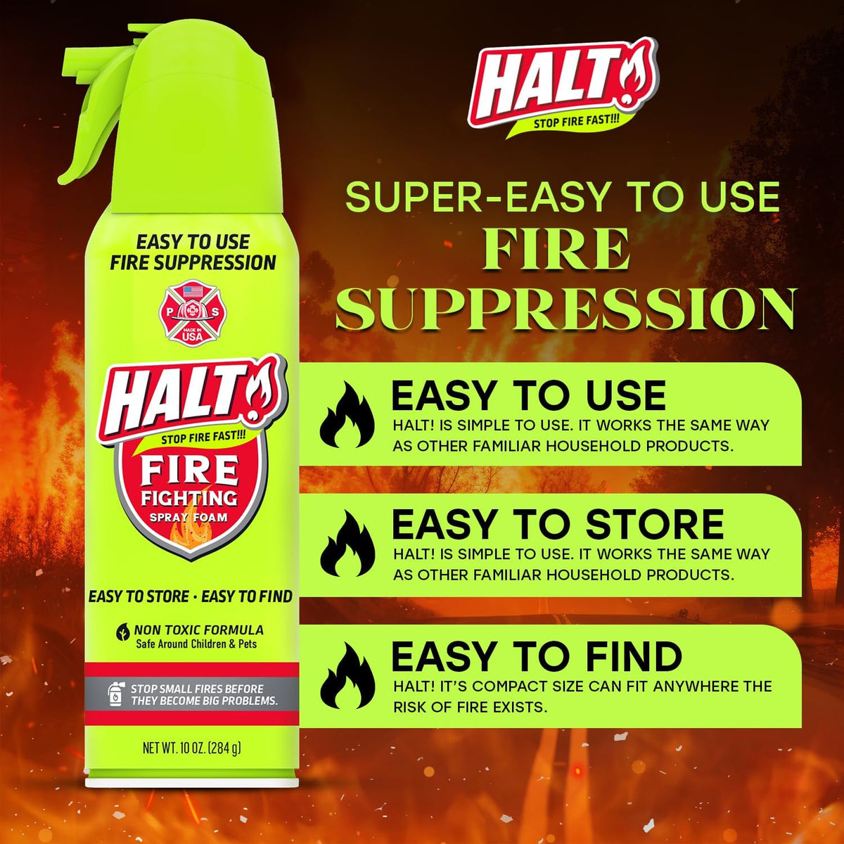 HALT! Fire Fighting Foam Spray – Non-Toxic, PFAS Free, Easy to Use, Store, and Find in Emergency – Compact & Portable – Ideal for Home, Kitchen, Apartment, Car, BBQ, Tailgate – Made in USA (2-Pack)