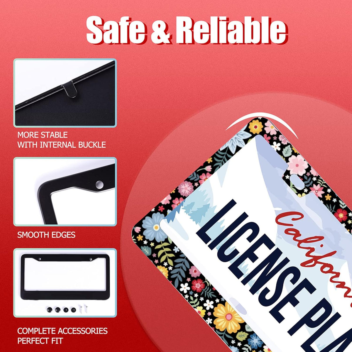 2Pcs Colorful Floral Flowers License Plate Frame Personalise Cute License Plate Frames Car License Plate Accessories Screws Decor for Standard Us Canada License Plate Holder 12"x6"