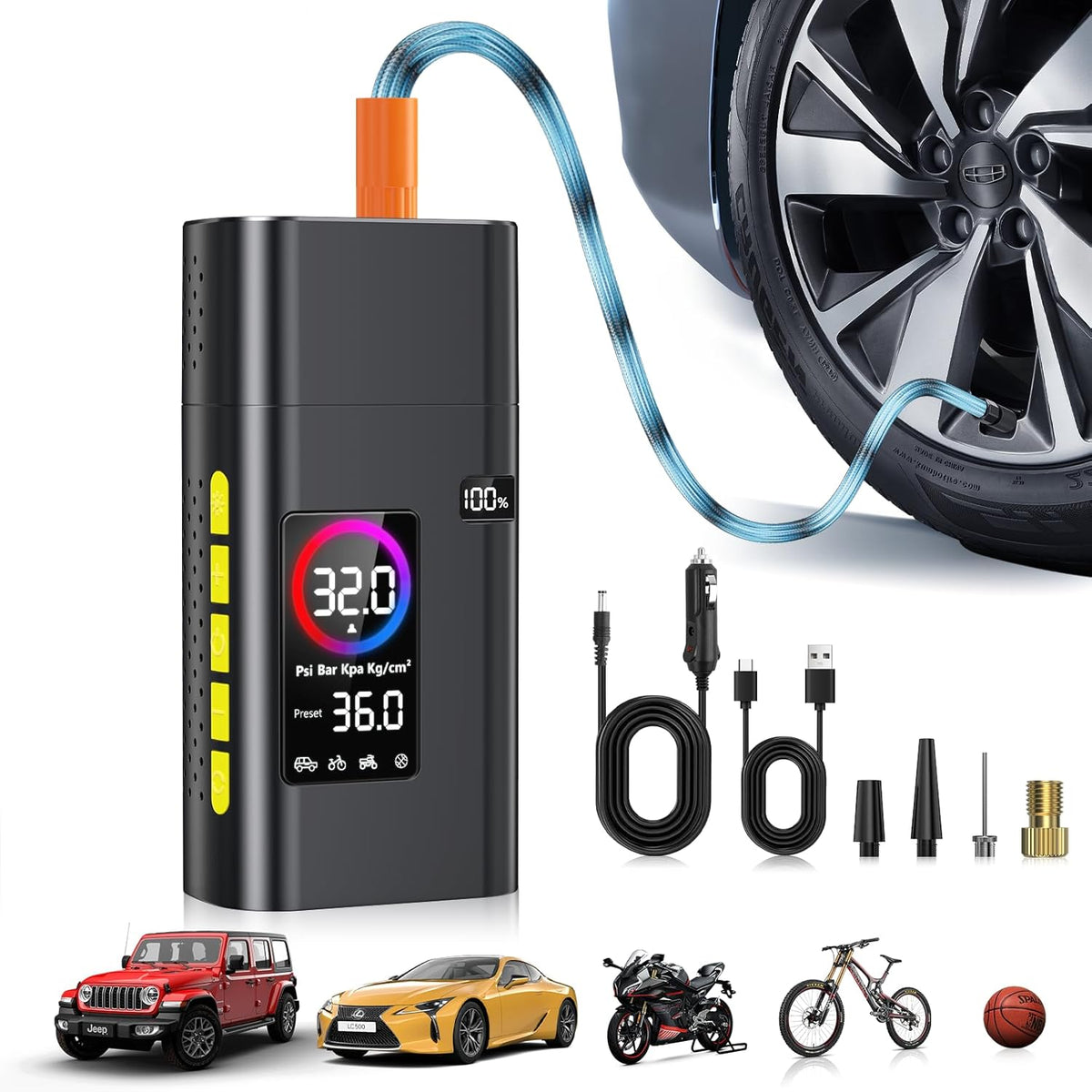 180PSI Tire Inflator Portable Air Compressor, 26000mAh Portable Tire Inflator for Car,5X Fast Electric Bike Air Pump with Digital LCD Pressure Gauge/LED Light/Power Bank, Bike, Motorcycle, Ball