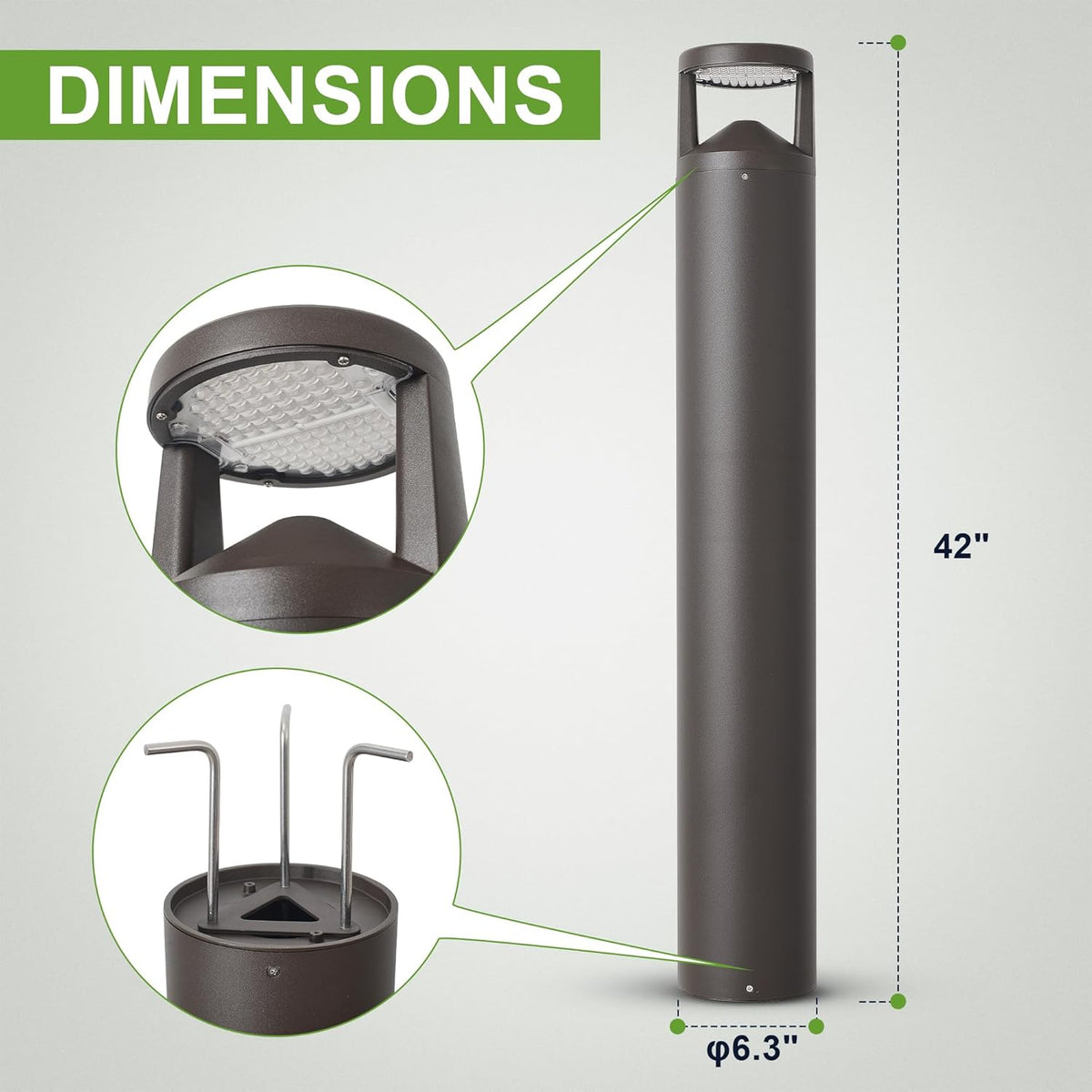 LED Bollard Landscape Light, 42inch 24W 3CCT 30K/40K/50K Selectable, 120V-277V Commercial/Residential Ballard Lighting Fixture for Garden, Pathway, Driveway, Die-cast Aluminum, Bronze
