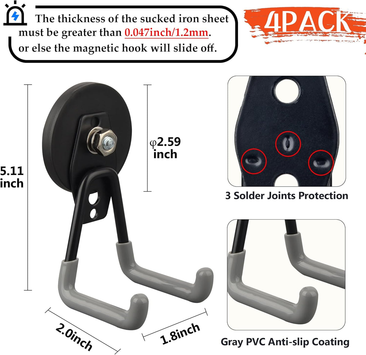 ULIBERMAGNET Heavy Duty Magnetic Hooks,Strong Large Magnet Hooks for Power Drill,Garden Tools, Hose,Pegboard,Garage,Workshop,4 Pack Magnetic Storage Hooks for Indoor Outdoor Hanging(Gray)