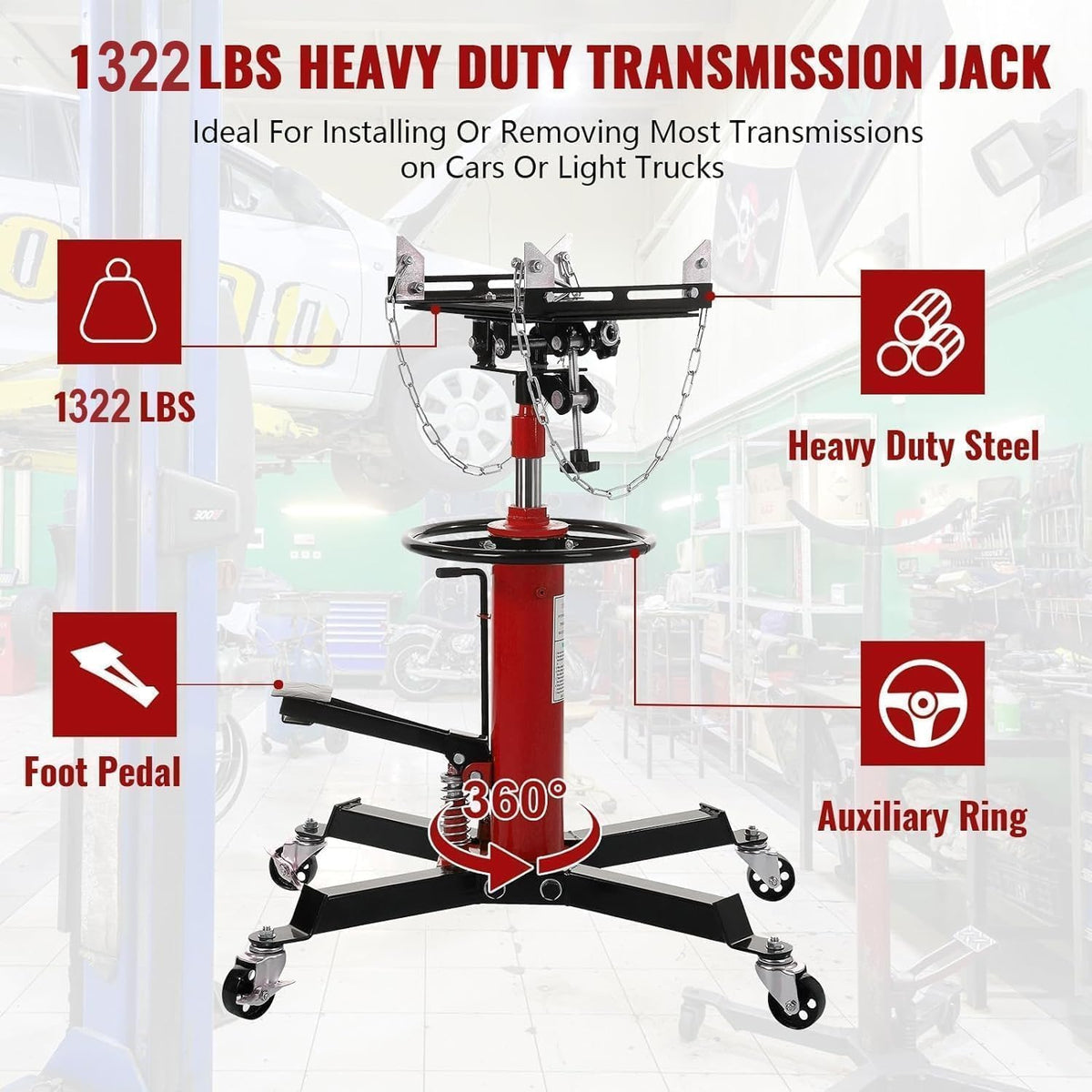 Transmission Jack 1322 LBS Hydraulic Telescoping 2-Stage Lift Jack Stand 33.8"-72.8" High Lift Transmission Jacks with Foot Pedal & 360° Swivel Wheels for for Garage/Workshop Car and Truck Repairs