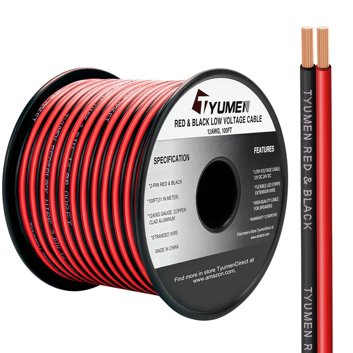 100FT 12/2 Gauge 2pin 2 Color Red Black Cable Hookup Electrical Wire LED Strips Extension Wire 12V/24V DC Cable, 12AWG Flexible Wire Extension Cord for LED Ribbon Lamp Tape Lighting