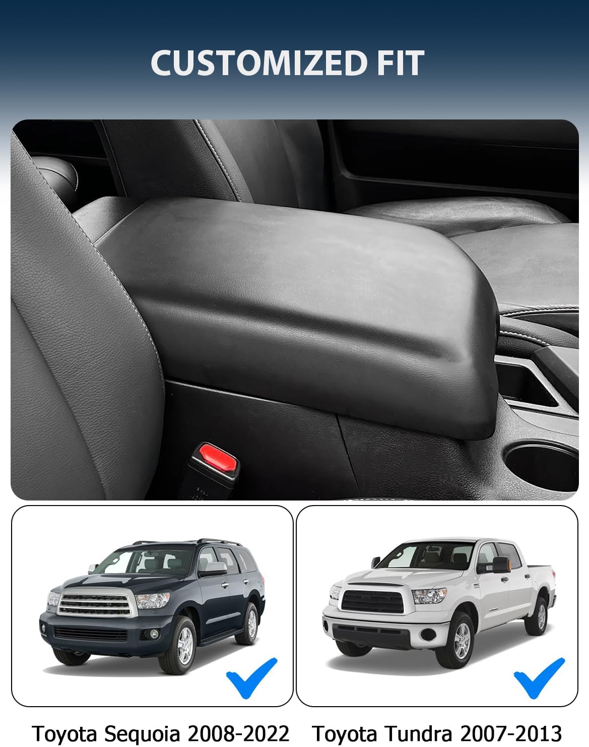 Center Console Cover for Toyota Tundra Accessories 2007-2013 & Toyota Sequoia 2008-2022, Vinyl Leather Car Armrest Protector, Anti-Scratch, Black