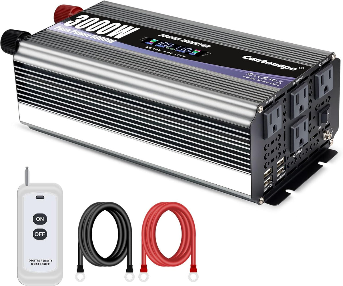 3000W Power Inverter 12V to 110V/120V DC to AC with LCD Display, Remote Controller and 4 x AC Outlets Car Adapter for Car Truck Boat RV Off Grid Solar System