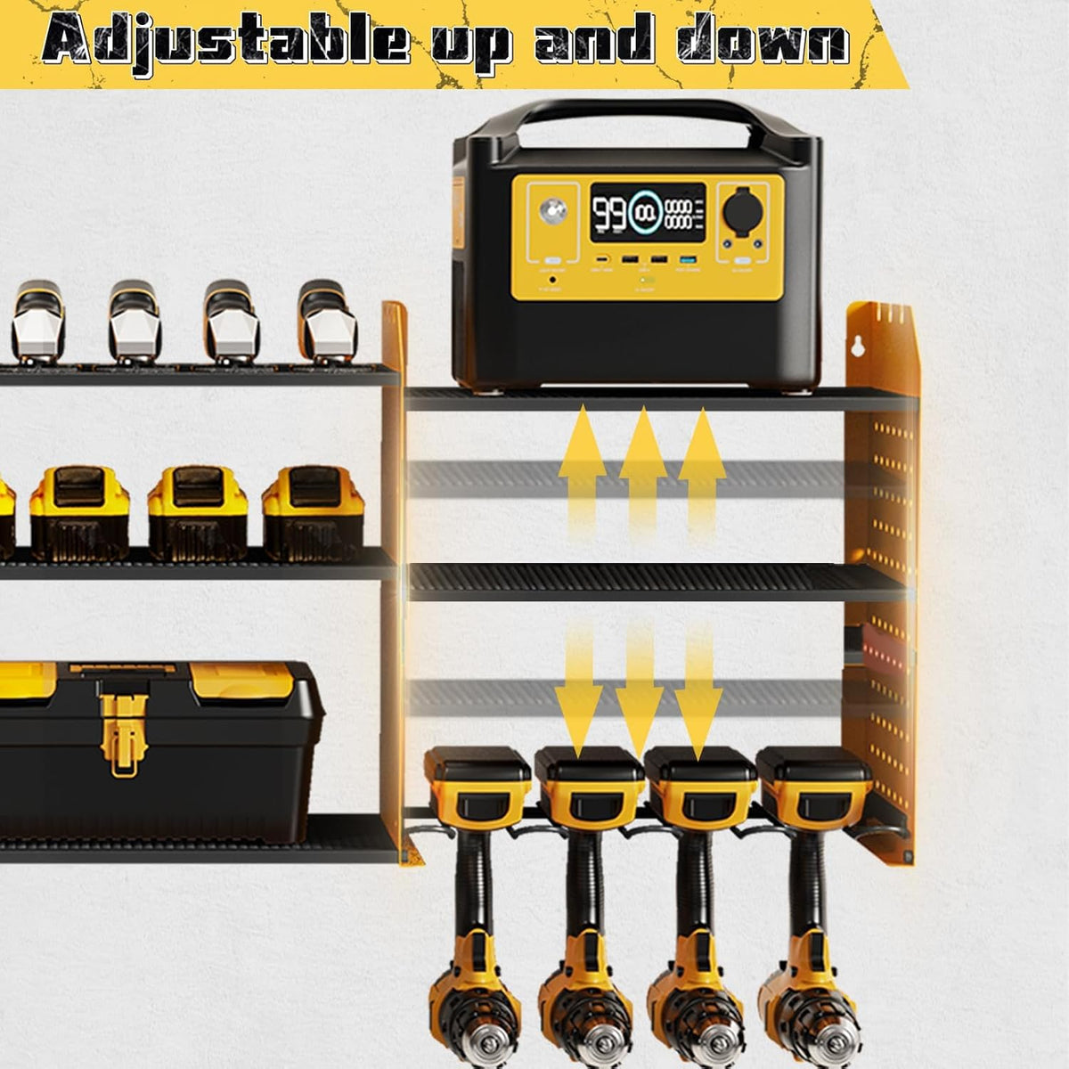Power Tool Organizer with Charging Station Wall Mount, 3 Layer Expanded Heavy Duty Garage Organization, 45.5 Inch Length Garage Tool Storage, 8 Drills, 2 Assemble Method, Yellow
