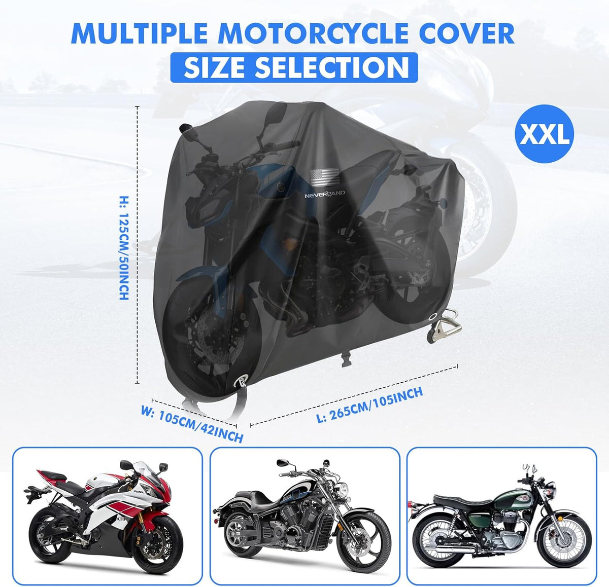 NEVERLAND Motorcycle Cover Waterproof Outdoor - Black Heavy Duty Scooter Cover, Motorbike Cover with Refletive Logo, Lock-Hole, Bandage, Storage Bag-Protect Against Dust, Debris, Rain and Weather(XXL)