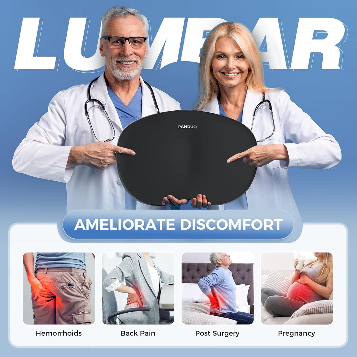 Lumbar Support Pillow for Office Chair, Memory Foam Lumbar Pillow for Lower Back Pain Relief (Black)