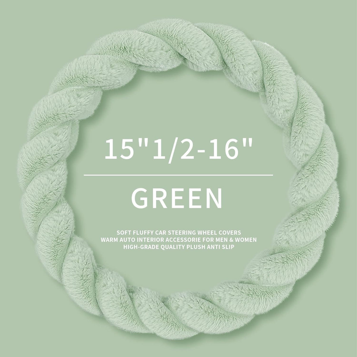 Luxury Fluffy Winter Car Steering Wheel Cover for Women Soft Warm Cute Auto Accessories for Jeep, Truck, Van, F150, Universal, Fuzzy, Anti Slip, Green, Large Size, 15.2-16in