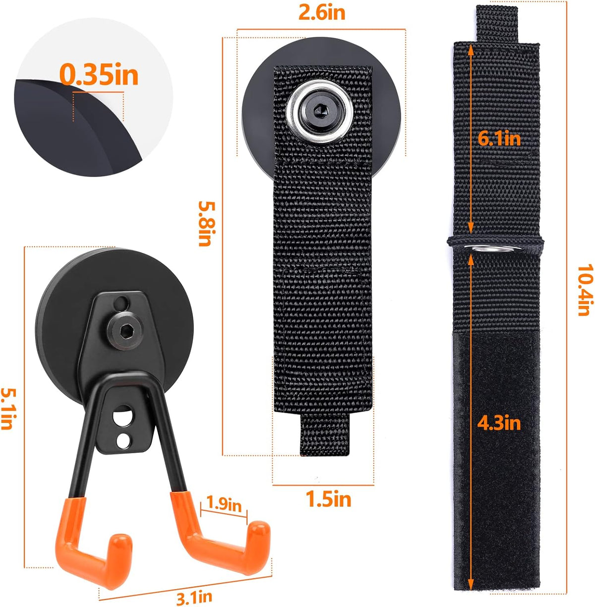 Homde Heavy Duty Magnetic Hook, 2 Velcro Strap and 2 Magnet Holder Combine, 2.6 inch Strong Utility Garage Hanger for Workshop,Toolbox, Storage (2 Black + 2 Orange)