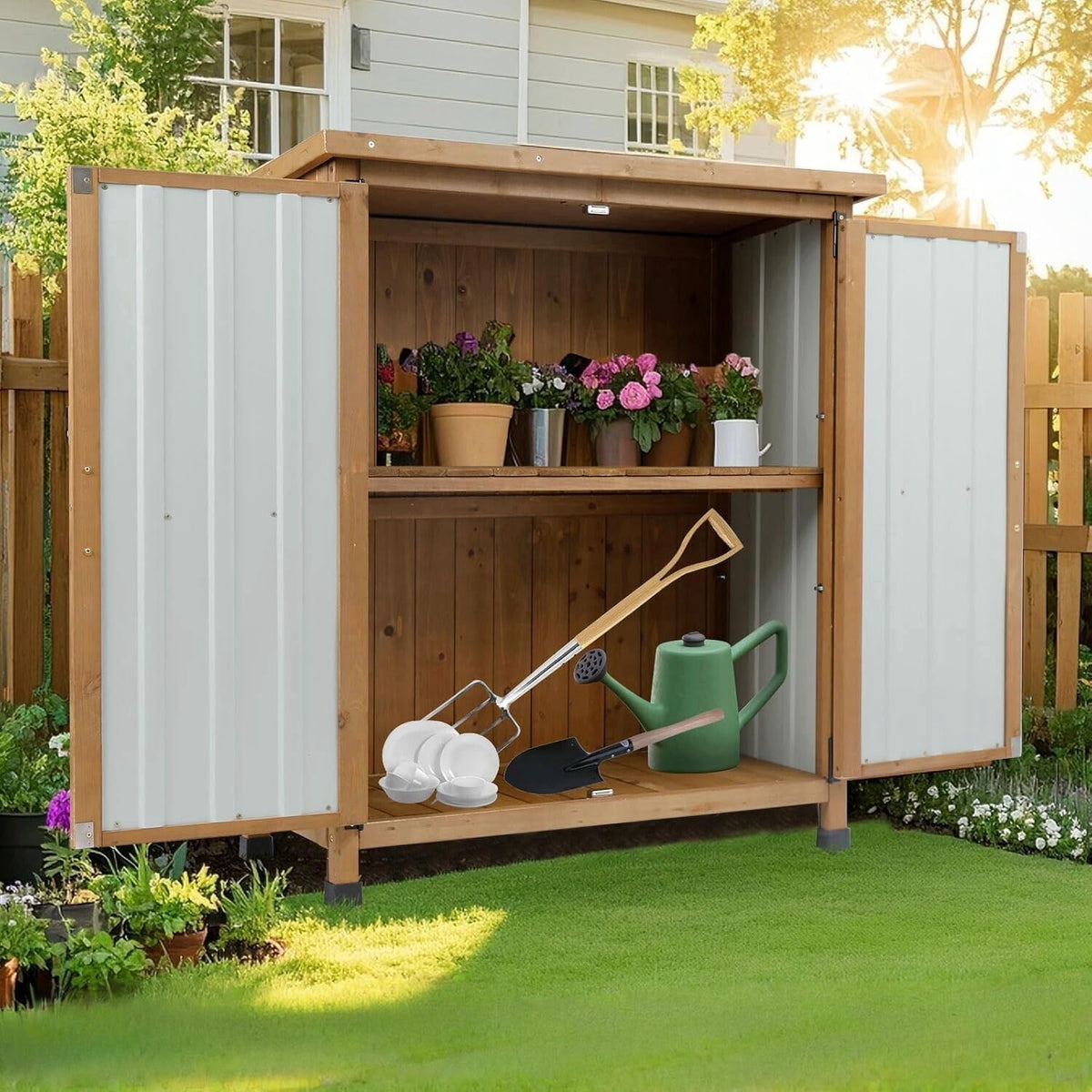Outdoor Storage Cabinet, Small Wood & Metal Storage Shed with Lockable Doors & Adjustable Shelves, Vertical Outdoor Cabinets Weatherproof for Patio Backyard,Garden Tool Shed and Accessories, Brown