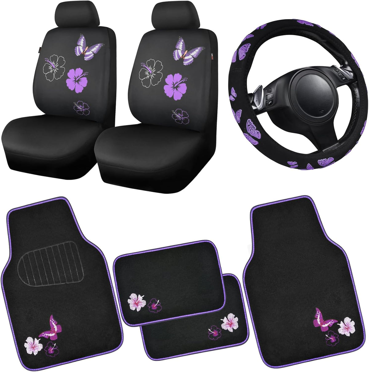 CAR PASS Universal Butterfly Car Seat Covers Front Set, Embroidered Flower Waterproof Car Floor Mats Carpet, Butterflies Steering Wheel Cover for Car Accessories Interior Sets (Black and Purple)