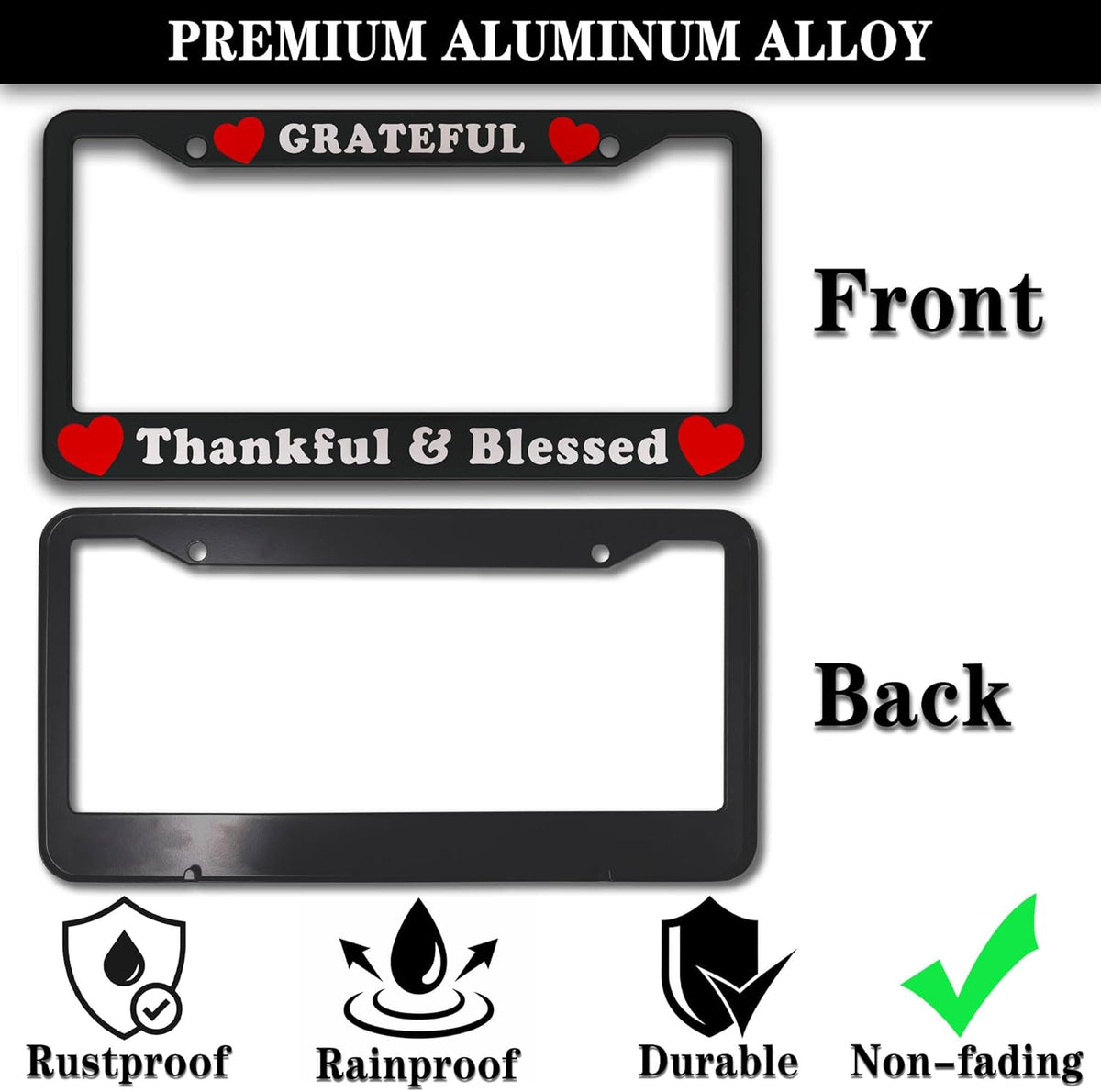 License Plate Frames Black, White, and Red License Plate Cover Grateful Thankful and Blessed Universal Aluminum Car Accessory 2 Pack with Screw Covers Set