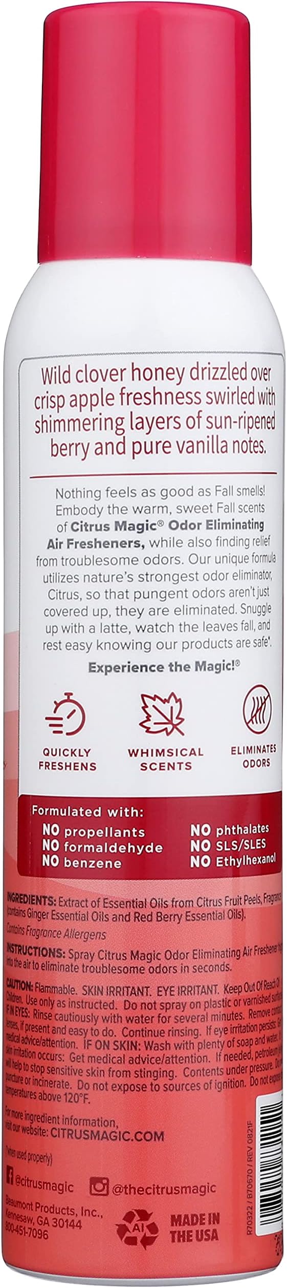 Citrus Magic Limited Edition Natural Odor Eliminating Air Freshener Spray, Crisp Autumn Apple, 3-Ounce, Pack of 3