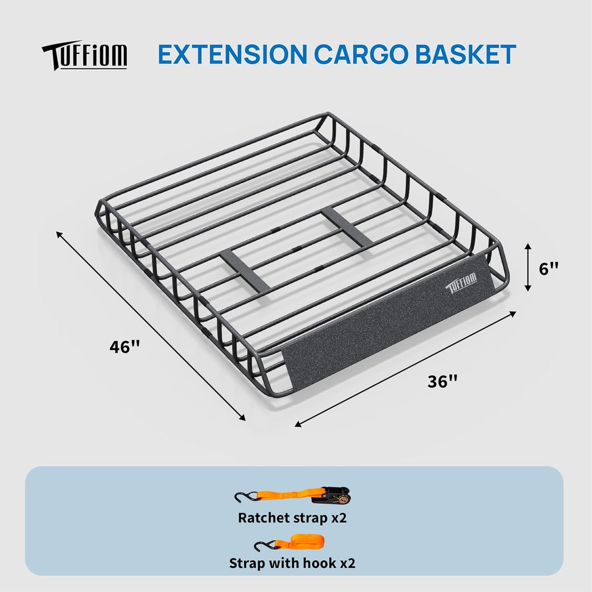 TUFFIOM 46"x 36"x 6" Universal Rooftop Cargo Carrier Basket, Heavy Duty Steel Roof Rack Basket w/4 Straps with Hook, Car Top Rack Luggage Holder Carrier for SUV Car Truck Van