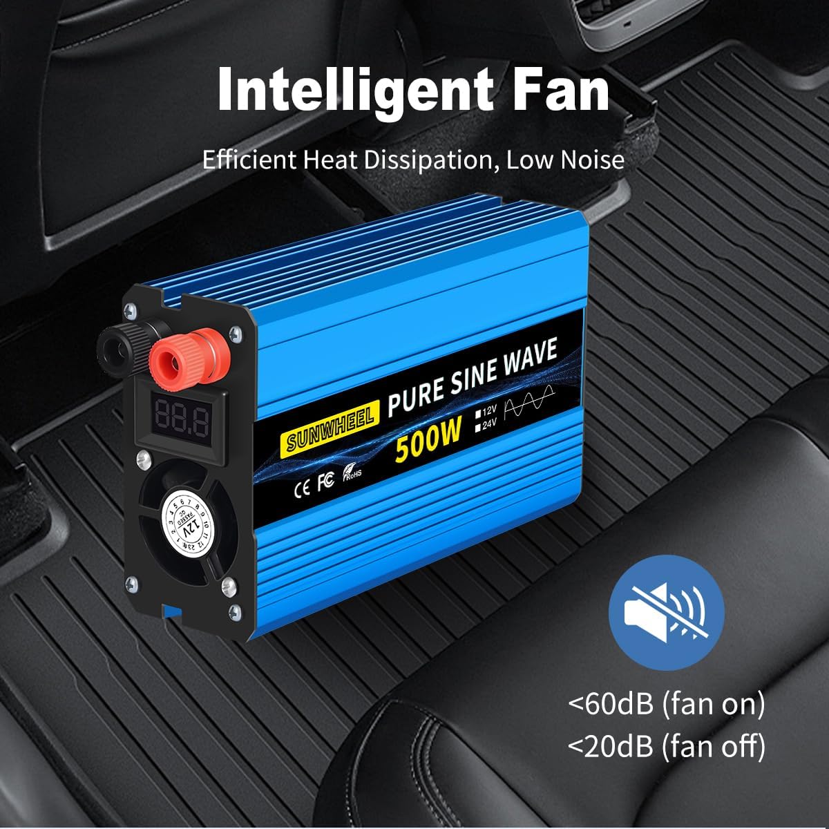 SUNWHEEL 500W Pure Sine Wave Inverter, 12V DC to 110V/120V AC Car Power Inverter with 2 AC outlets and LCD Display
