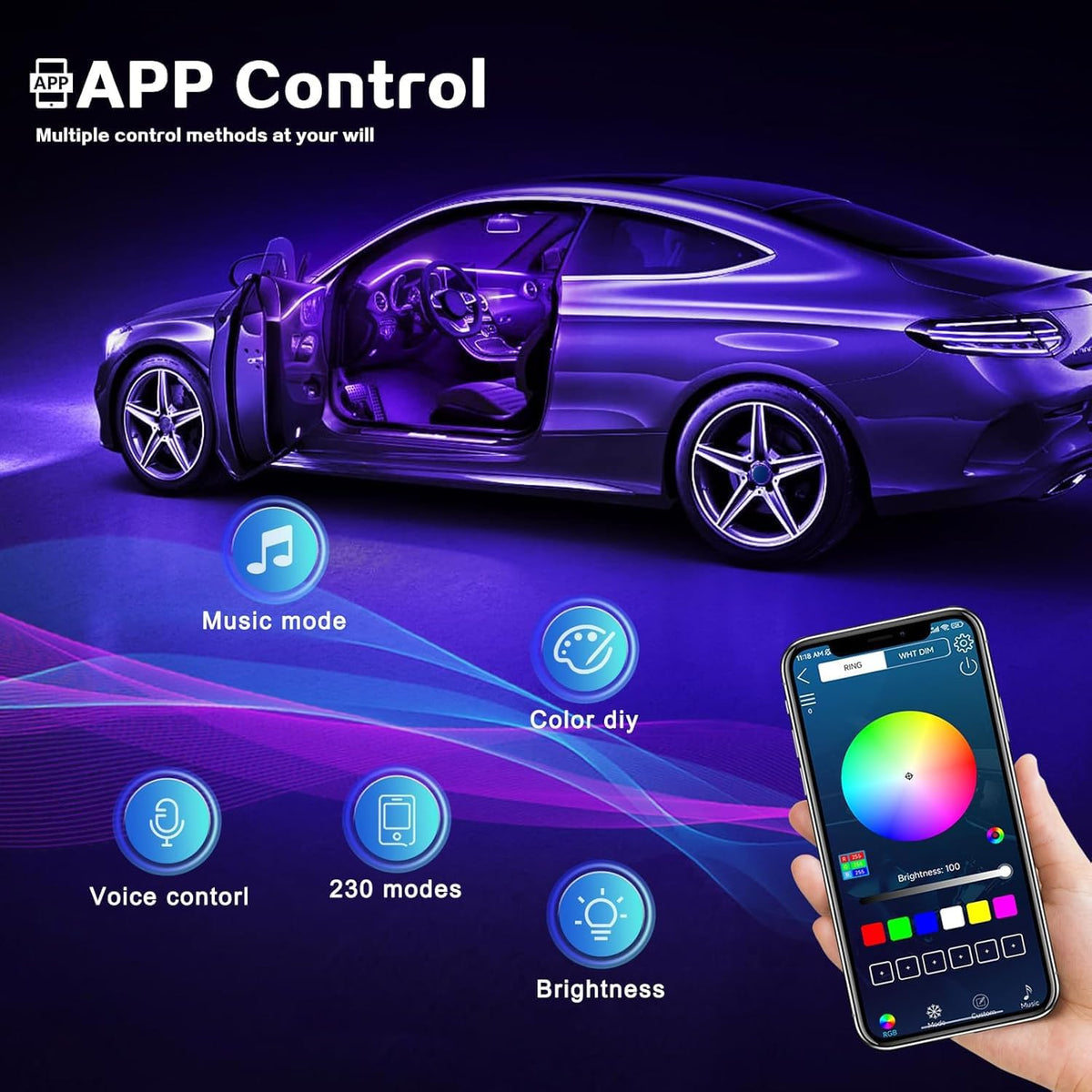 Acrylic Interior Car LED Strip Light with Wireless APP, Car Accessories 6 in 1 with 175 inches 593 LEDs Fiber Optic Ambient Lighting Kits, RGB Dynamic Music Sync Neon LED Strip Light for Car
