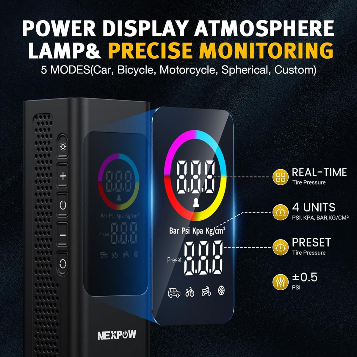 NEXPOW 150 PSI Tire Inflator Portable Air Compressor, 12000mAh Battery Auto Shut-Off Air Pump for Car Tires, Fast Inflation Dual LCD Display Tire Pump, Pocket Air Pump for Bike, Motorcycle, Ball, Car