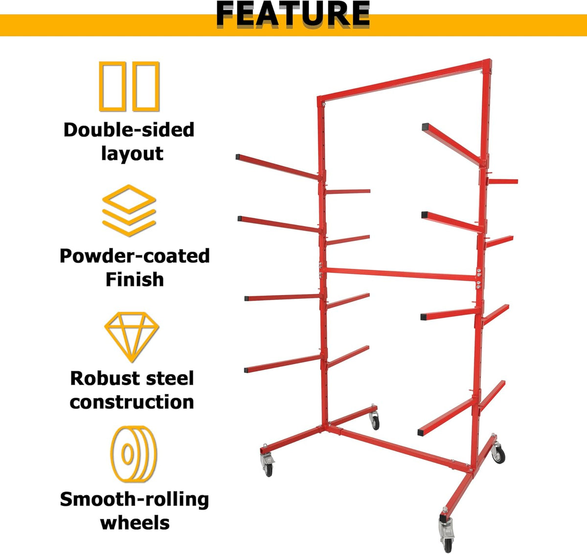 KUAFU Mobile Bumper Storage Rack w/Adjustable Shelving Auto Body Parts Management Storage Rack Standing Shelf Red Double-Sided