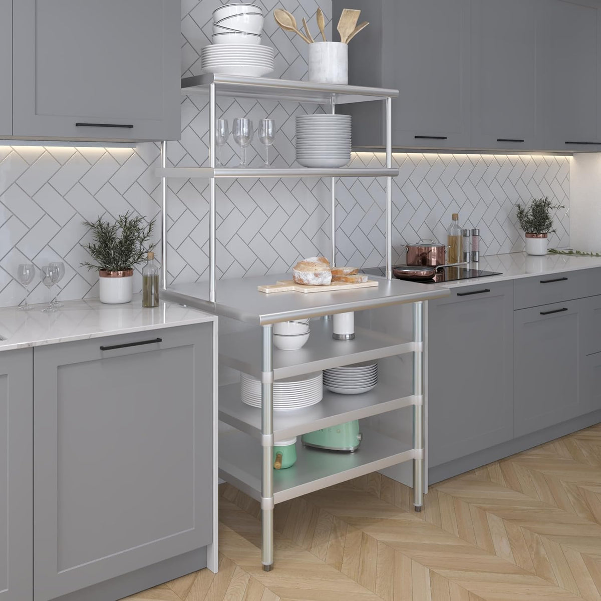 Amgood 30" x 36" Stainless Steel Work Table with 3 Shelves and 18" Wide Double Tier Overshelf | Metal Kitchen Prep Table & Shelving Combo | NSF