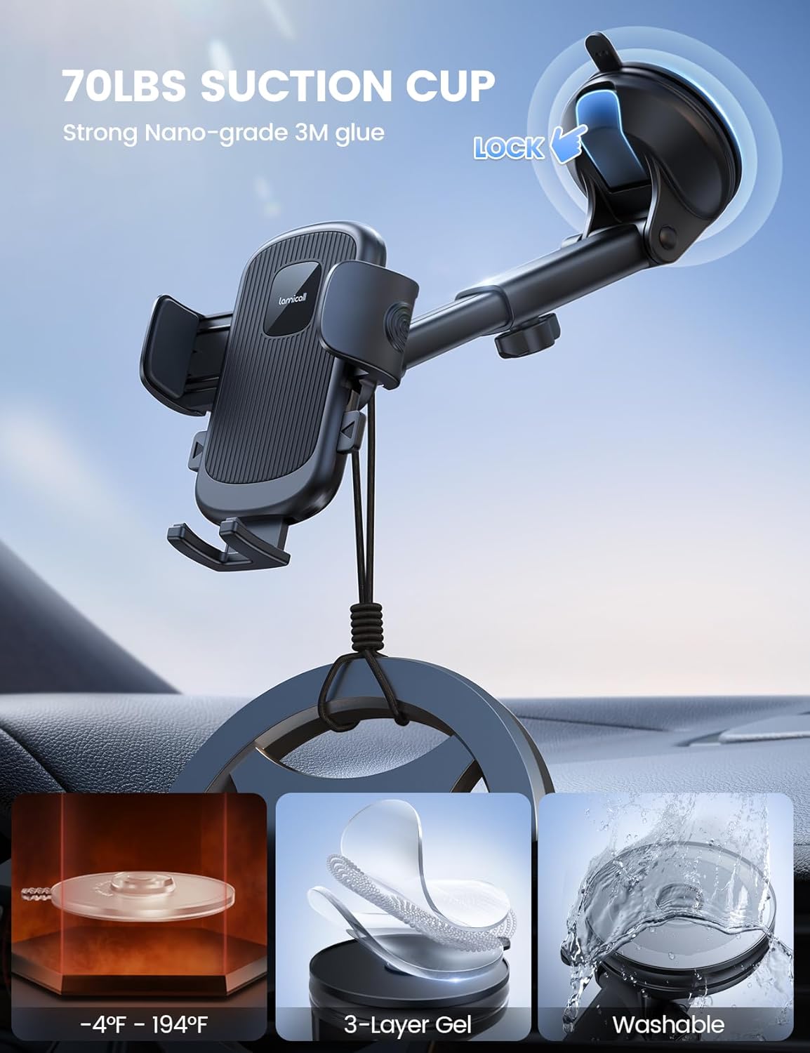 Lamicall Car Phone Holder Mount [3-in-1 Military-Grade Suction Cup] 360° Rotation Phone Holders for Your Car [Metal Hook] Cell Phone Car Mount Dashboard Vent Windshield for iPhone 16 All Smartphone