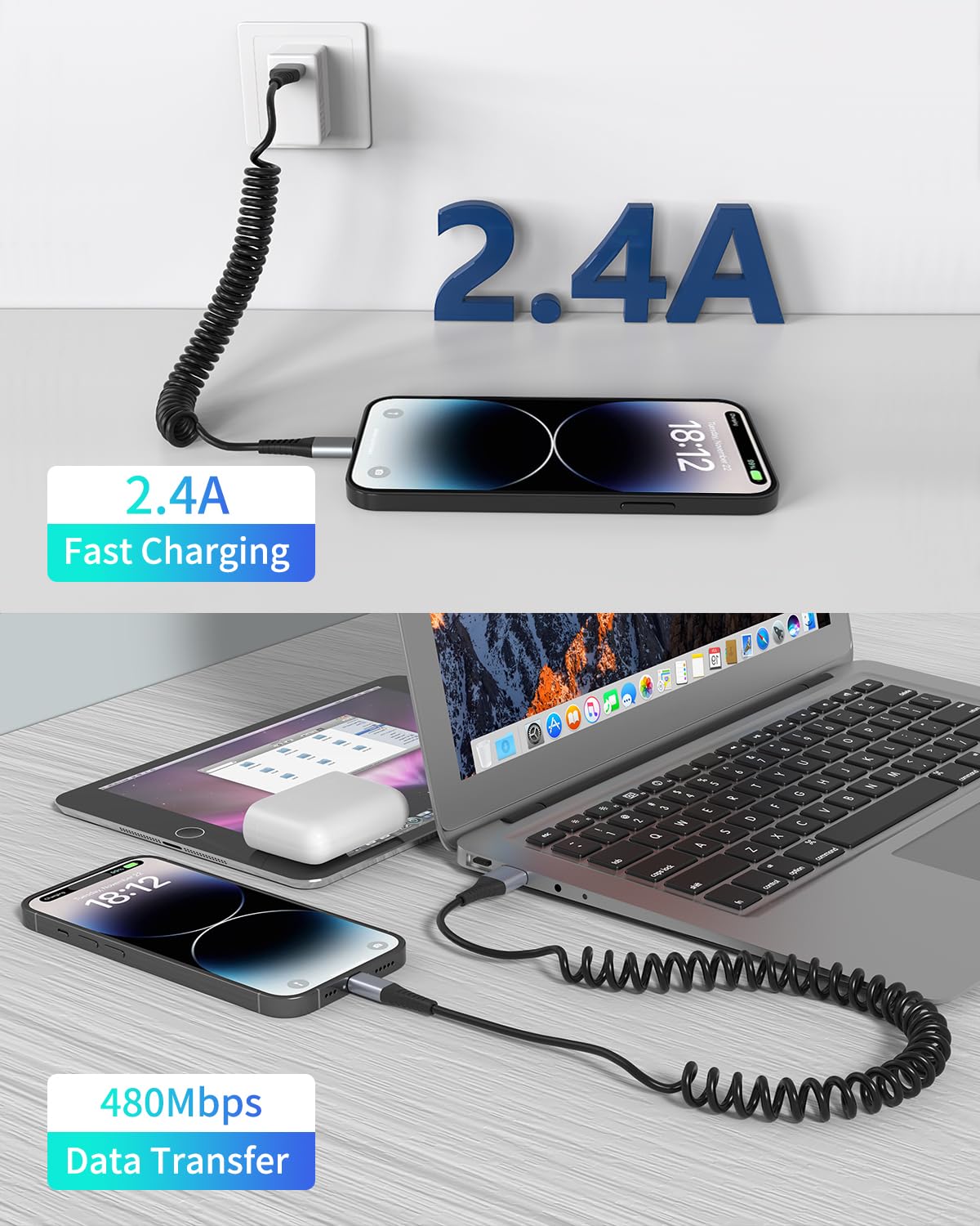 Coiled Lightning Cable, 2 Pack Retractable iPhone Charger Cord for Car, USB to Lightning Cable Fast Charging Compatible with iPhone 14 13 12 11 Pro Max Mini 10 8 Plus XR SE, AirPods