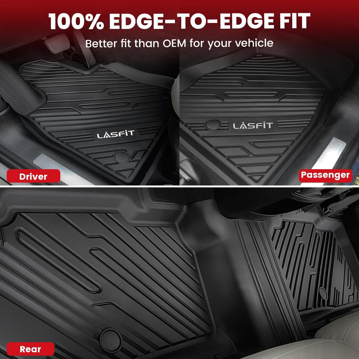 LASFIT Floor Mats for Ford Explorer 2020-2025 6 Passenger TPE All Weather Protector Anti-Slip Floor Liners, 2025 2024 2023 2022 2021 2020 Explorer 6 Seats Accessories, 1st 2nd & 3rd Row, 4pcs Black