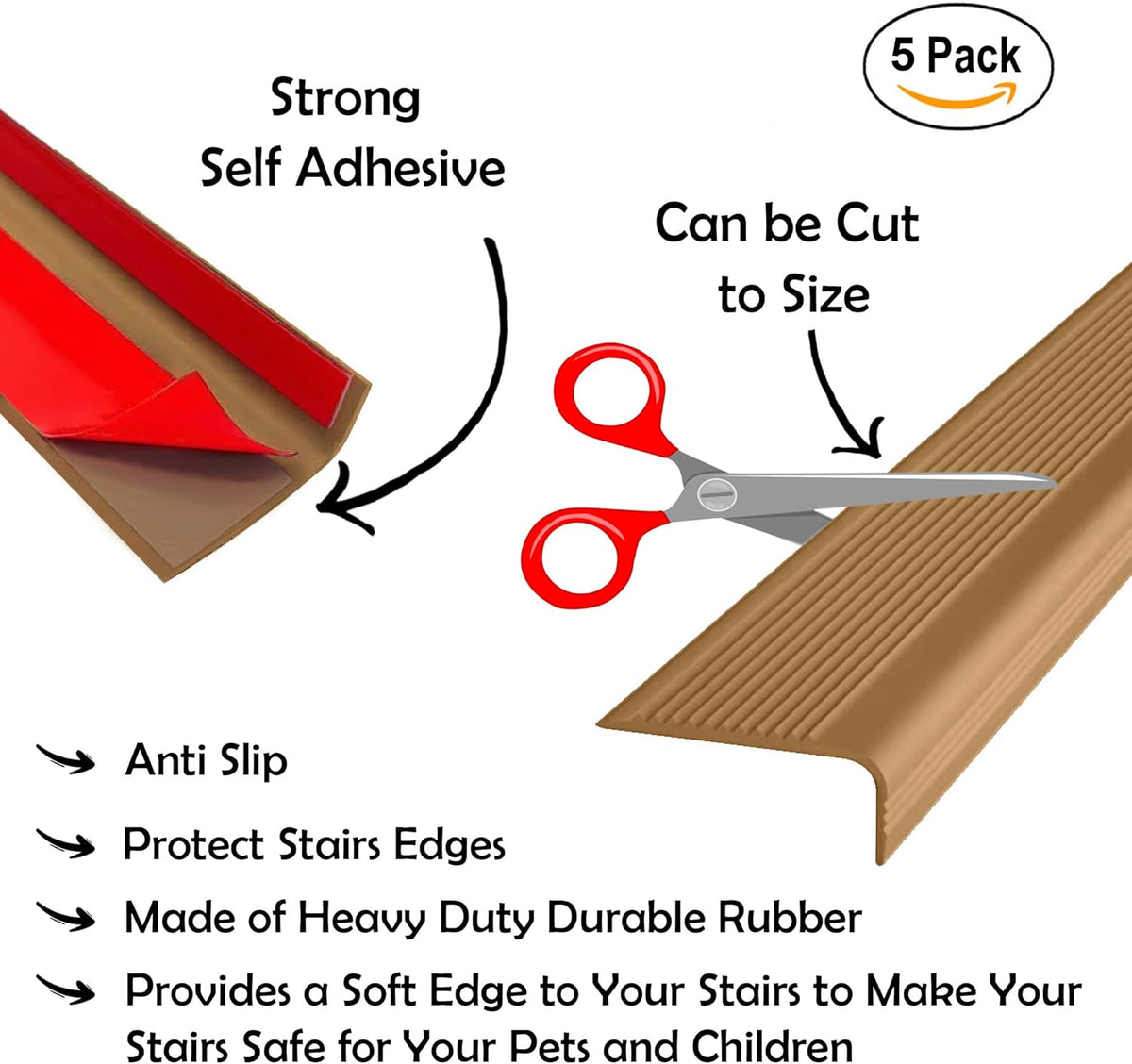 Rubber Bond Stair Edge Protector (Pack of 5) 36x2x1 inch Anti-Slip Stair Corner Trim Rubber Strips - Waterproof Self-Adhesive Staircases for Outdoor & Indoor Uses | Protect Kids & Pets - Brown