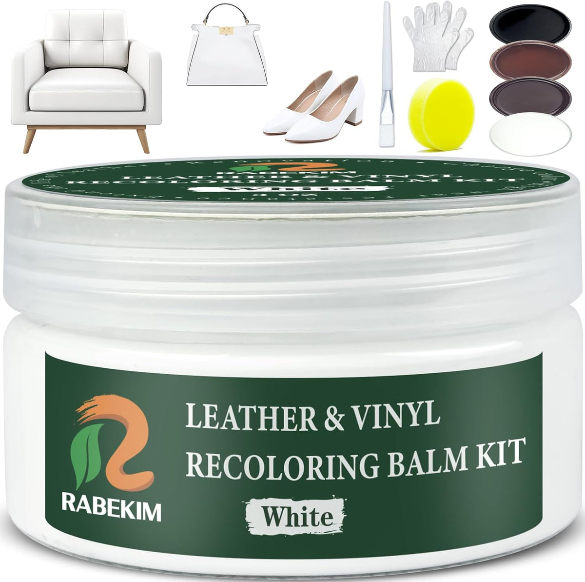 White Leather Repair Kit, Leather Recoloring Balm – Restore & Repair Faded Leather on Couches, Car Seats, Shoes & Furniture | Leather Color Restorer & Conditioner | Easy DIY Application