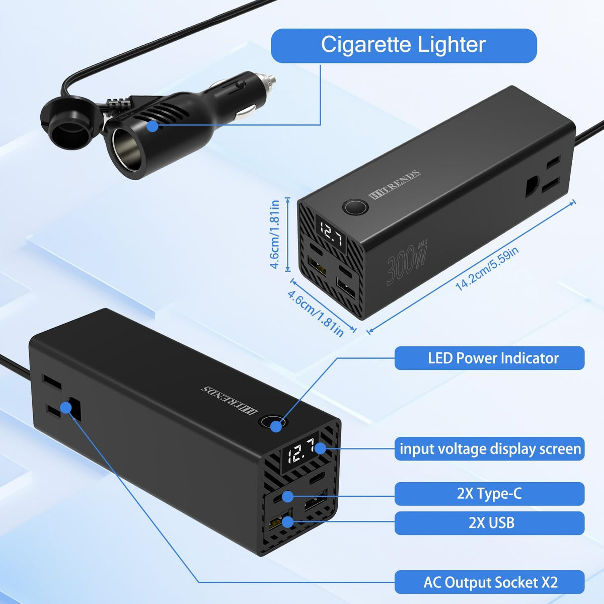 HITRENDS 300W Car Power Inverter Dual DC 12V to 110V AC Car Power inverters with PD 36W USB-C & 24W USB-A, Car Plug Converter with Switch and Current LCD Screen
