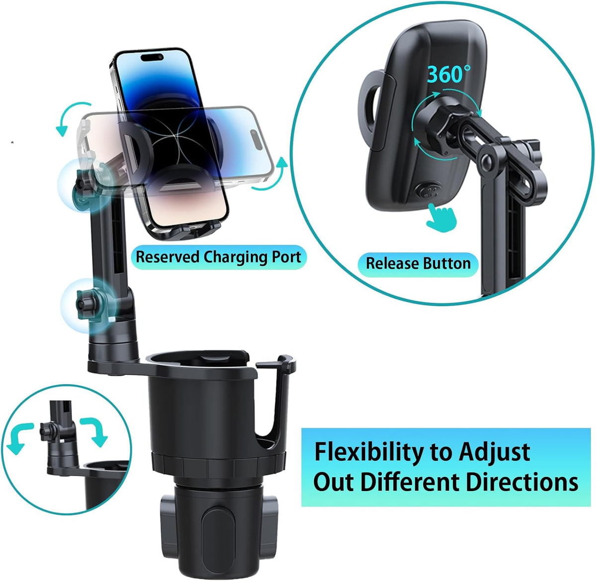 Cup Holder Phone Mount for Car, Upgraded 2 in 1 Car Cup Holder Expander Long Arm with 360° Rotation, Car Phone Holder Compatible with iPhone, Samsung & All Smartphones