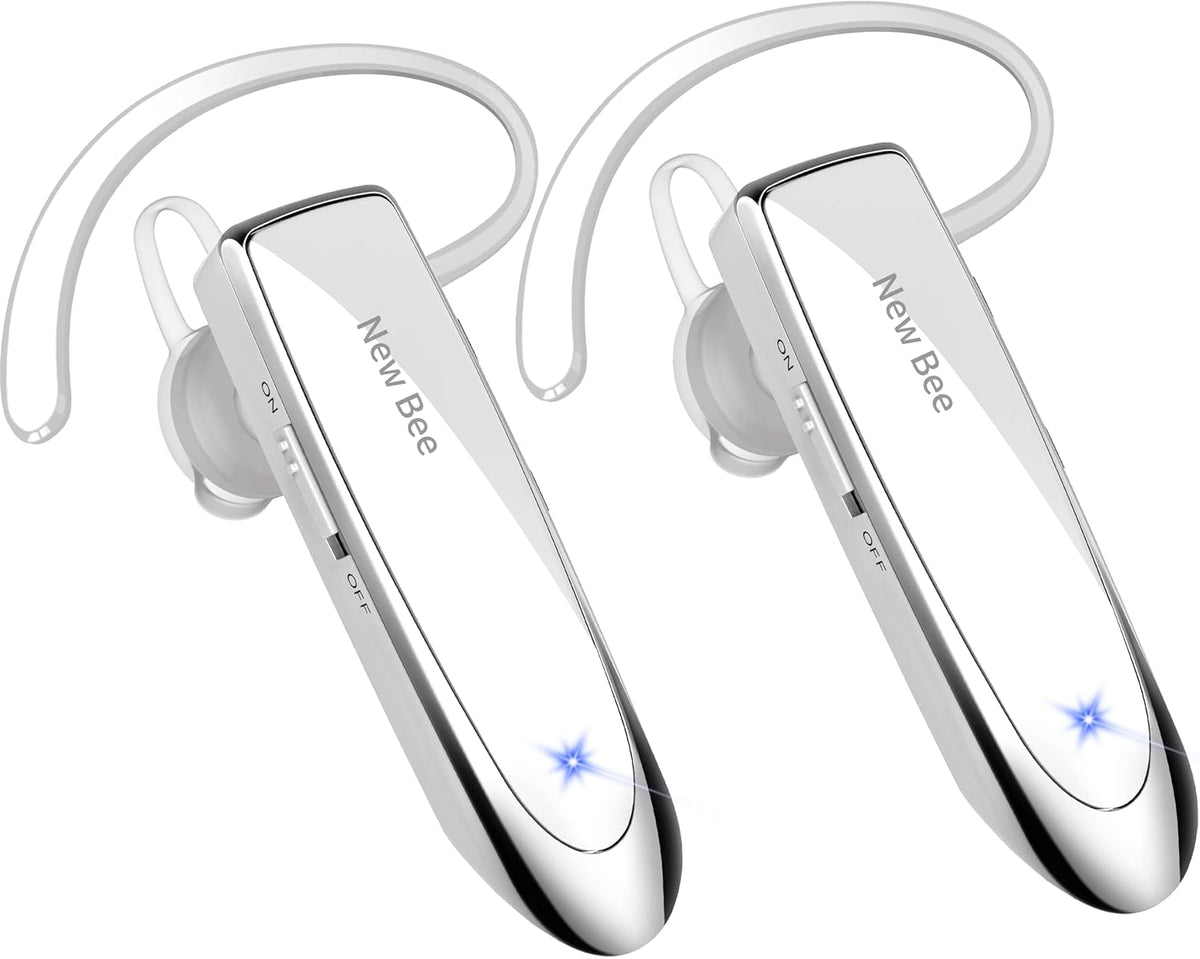 New bee [2 Pack] Bluetooth Earpiece V5.0 Wireless Handsfree Headset 24 Hrs Driving 60 Days Standby Time with Bluetooth Headset for iPhone Android Laptop Truck Driver(White)