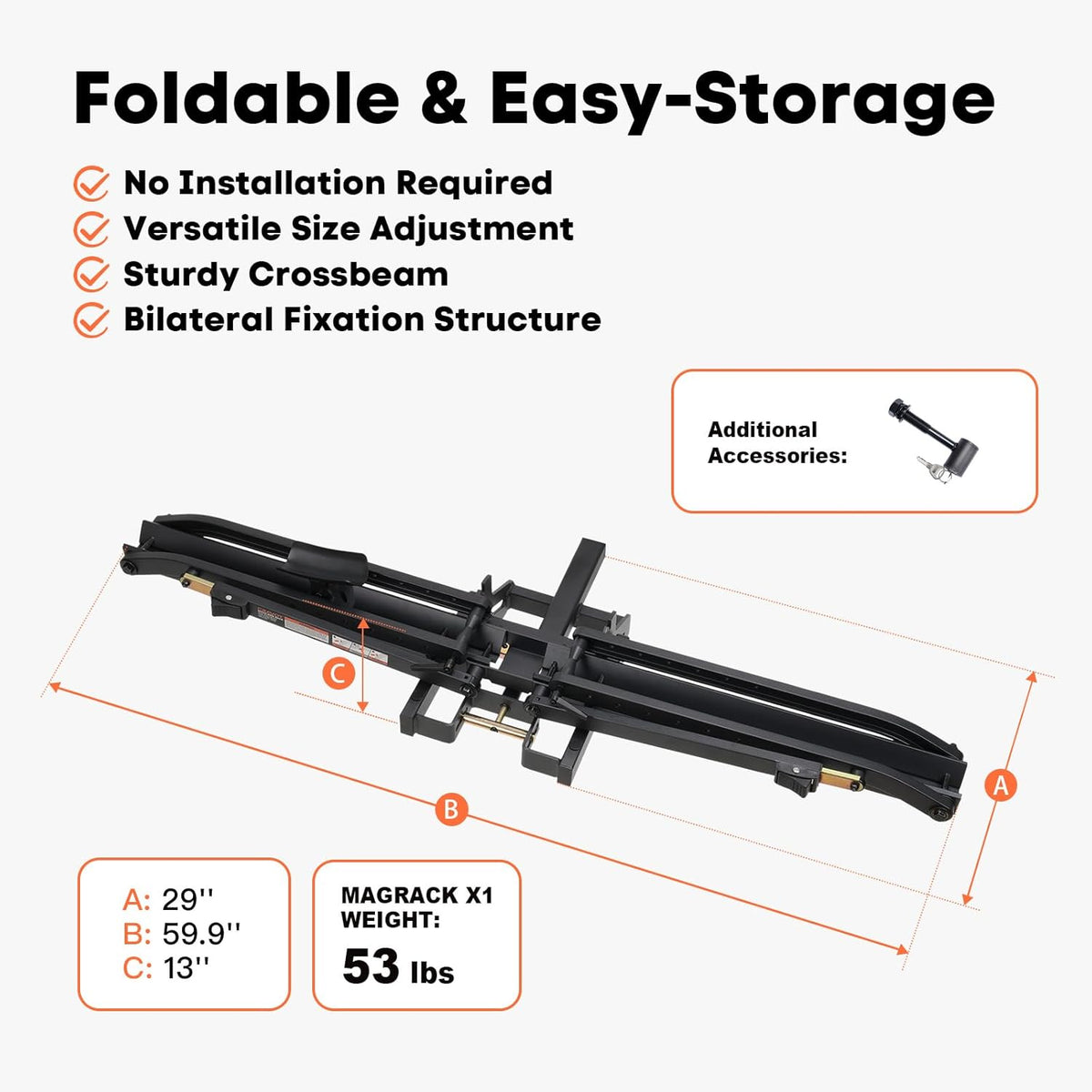 MagRack X1 Hitch 1 Ebike Rack, 100 lbs Capacity Electric Bike Carrier with 2 Arms, Foldable Bike Racks for Tow Hitch Up to 3.5-in Fat Tire 2" Receiver w/Lock