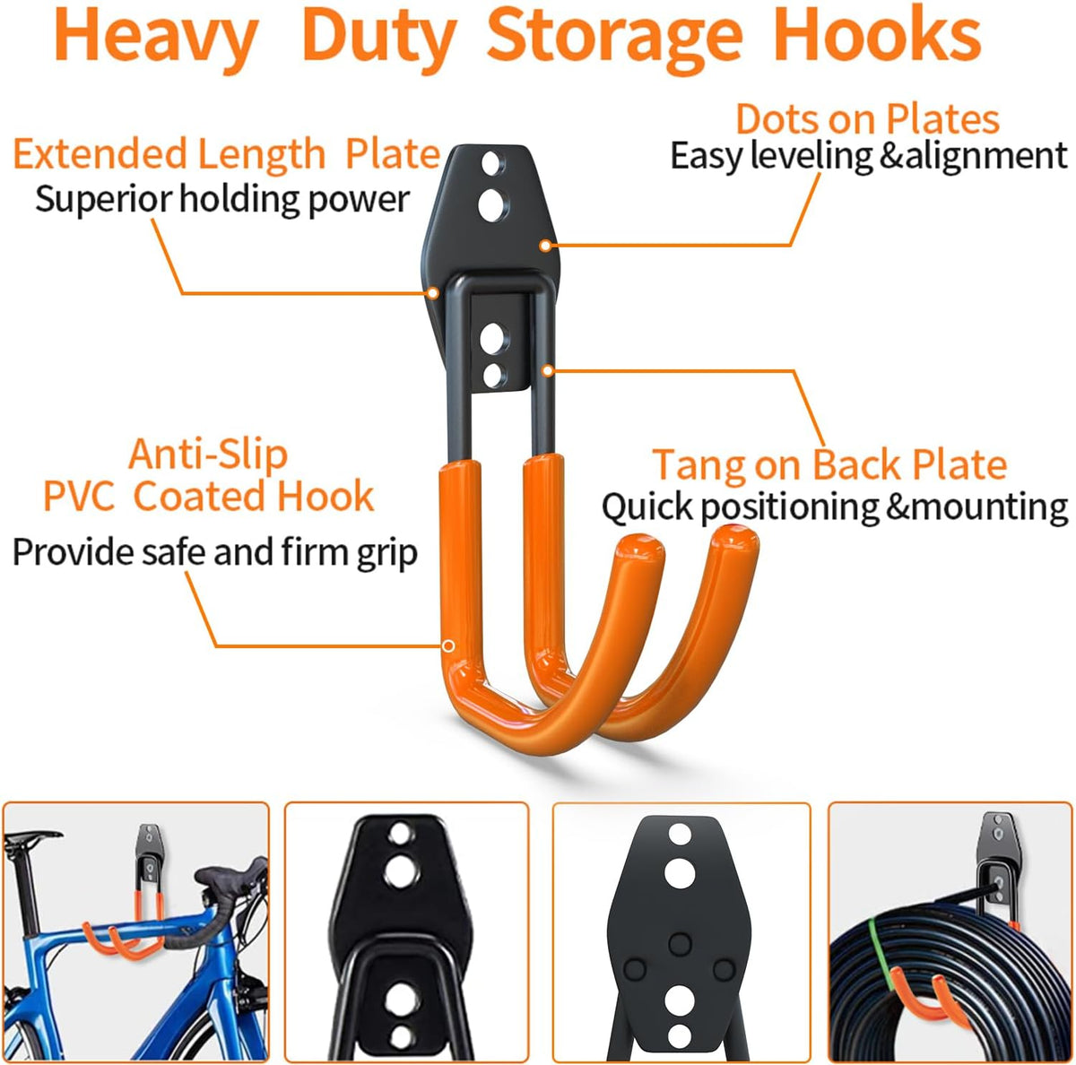 3-H Garden Hose Holder Wall Mount 4 Pack,Solid Steel Hose Hanger,Water Hose Holders for Outside,Perfect for Hanging Outdoor Air Hose,Ropes,Pipes,Garden Tools,Ladders,Bikes,Bulk Items(Orange)
