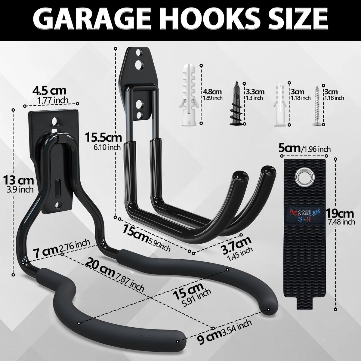3-H Weed Eater Hanger 1 Pack,1 Large Garage Wall Hooks,1 Extension Strap,Utility Weedeater Rack,Tool Hangers for Organizing and Hanging Weed Wacker,Leaf Blower,String Trimmer,Power Tool in Garden
