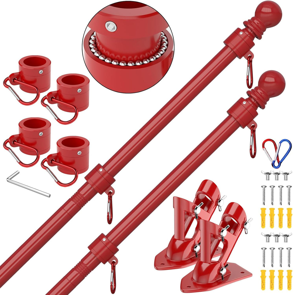 ZMTECH Flag Pole - Upgraded Bracket,(2 Packs) 6 FT Stainless Steel Flag Poles for Outside House, Residential or Commerical, Tangle Free Flag Pole Kit for American Flag (Without Flag, Red)