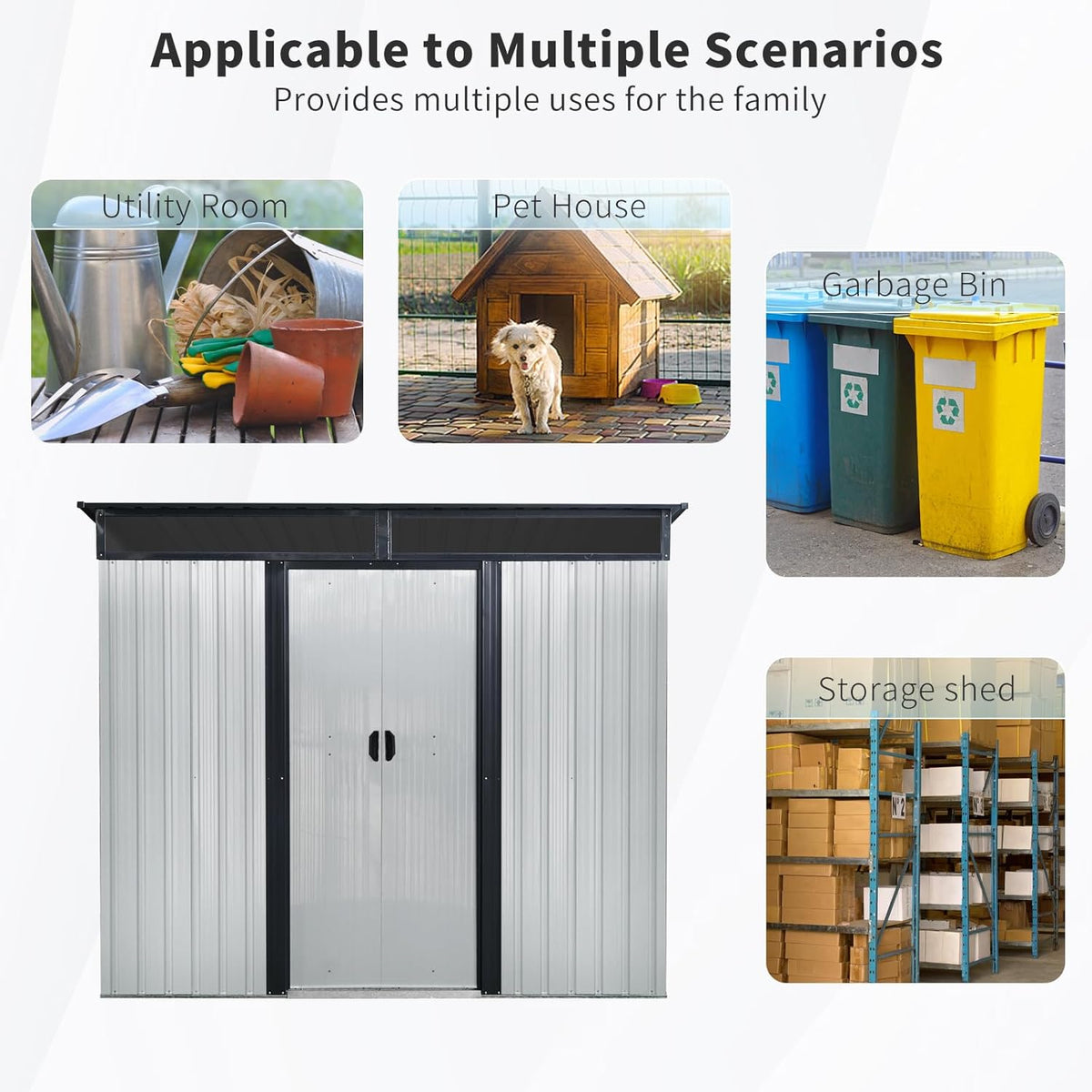 8x6 FT Outdoor Storage Shed,Metal Shed with Floor & Transparent Plate,Garden Shed W/Air Vent & Lockable Sliding Door,All Weather Waterproof Tool House W/Sloped Roof,Black+White