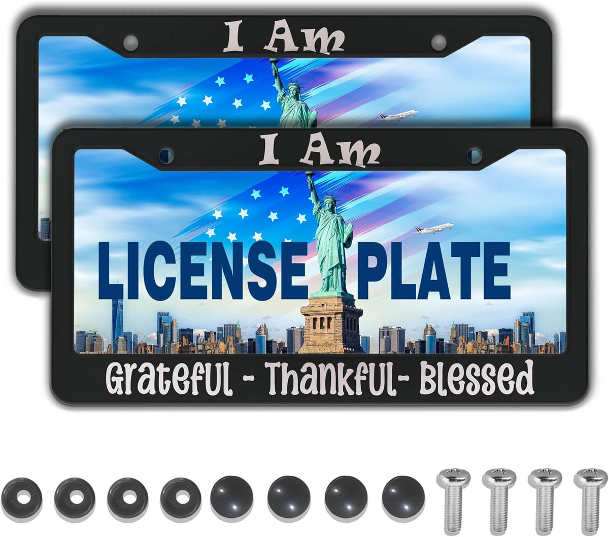 License Plate Frames Black and White Front License Plate Bracket I Am Grateful Thankful Blessed Aluminum Metal Car Accessory 2 Pack with Screw Covers Set