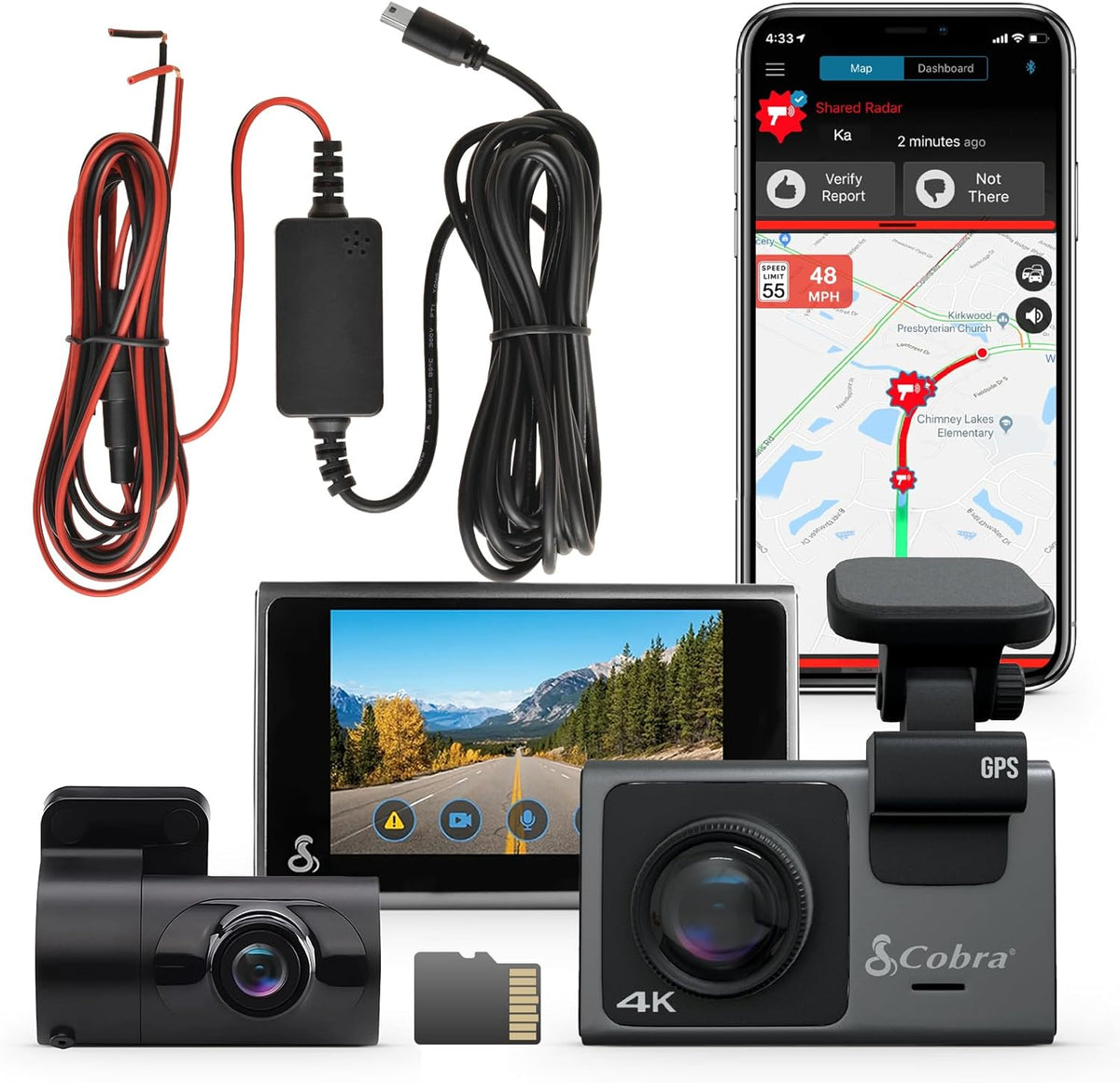 Bundle of Cobra Smart Dash Cam with Rear Cam (SC 400D) + Cobra 2.5A Micro USB Hardwire Kit