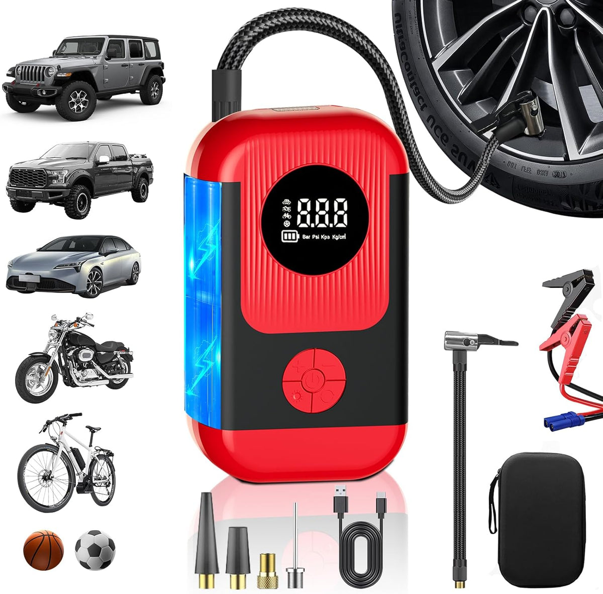 Tire Inflator Portable Air Compressor with battery jumper starter, 28000mAh Battery 3X Faster Cordless Tire Inflator with Tire Pressure Gauge,150PSI Electric Air Pump for Car Tires,Motorcycle,Bike