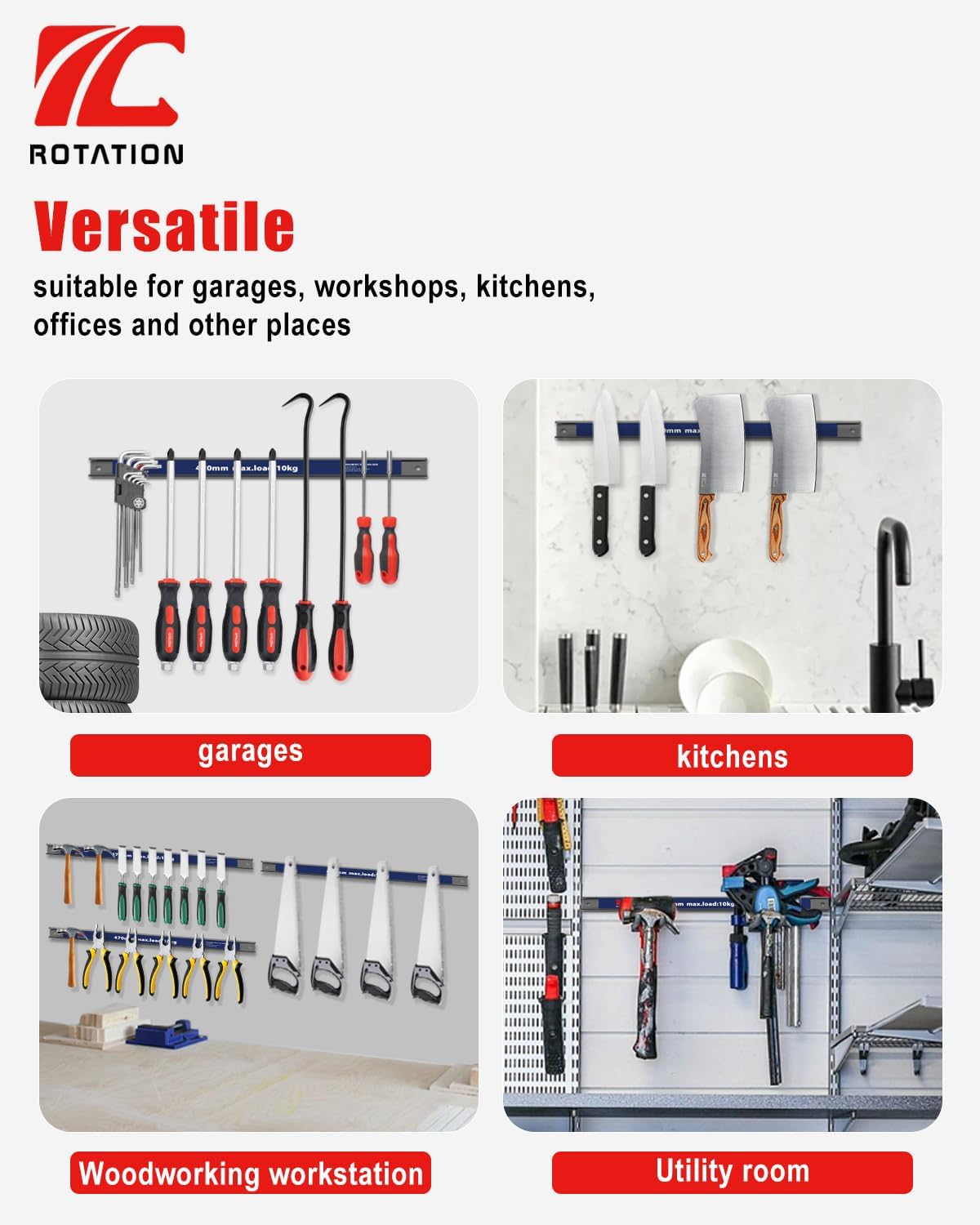 ROTATION 18.5" Magnetic Tool Holder - Heavy Duty Garage Workshop Organizer, Strong Magnet Strip for Wrenches & Screwdrivers, with Mounting Hardware