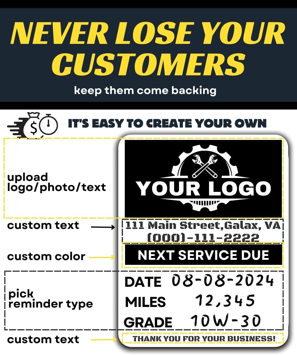 Oil Change Stickers for Windshield Personalized with Your Logo- Custom Oil Change Labels 2''-2.8'', Clear and White Next Service Due Labels for Car Auto Vehicle Window,50-10k Stickers (Small)