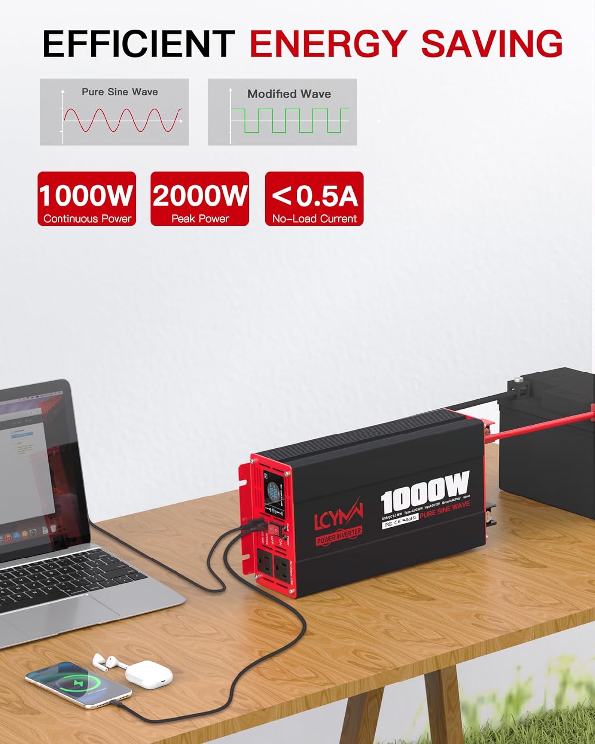 1000 Watts Pure Sine Wave Power Inverter 12V DC to 110V 120V AC Converter for Home RV Off Grid Truck Solar System Inverters with Type-C PD30W USB QC3.0 Port 2 AC Outlets LCD Display and Remote Control