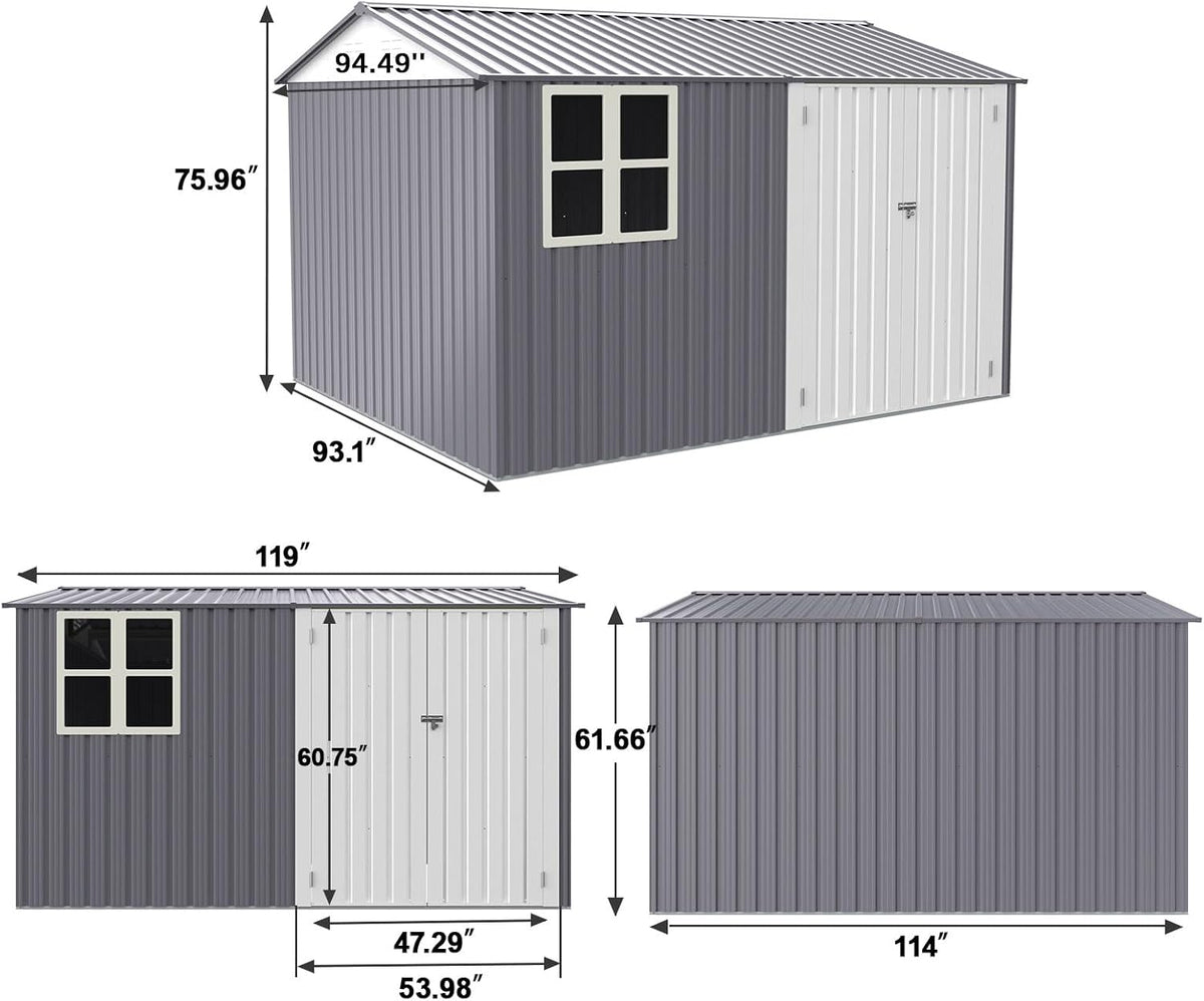 8x10 FT Outdoor Storage Shed, Metal Garden Shed with 4-pane Window, Outside Tool Shed with Lockable Hinged Doors & 4 Air Vents, Waterproof Storage Building for Backyard, Patio, Lawn, White+Gray