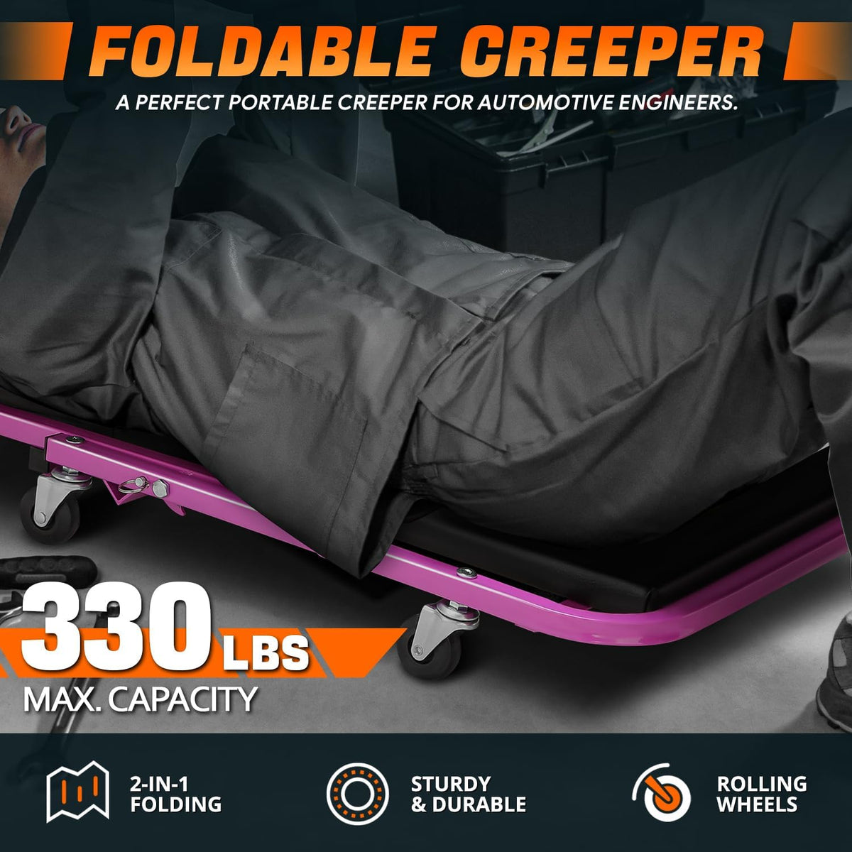DNA MOTORING 40 Inches Folding 2 in 1 Rolling Z Creeper, Adjustable Roller Garage Chair Lay Down or Sit, 6 Pcs 2" Casters, 150kg Weight Capacity, Purple, TOOLS-00187-PR