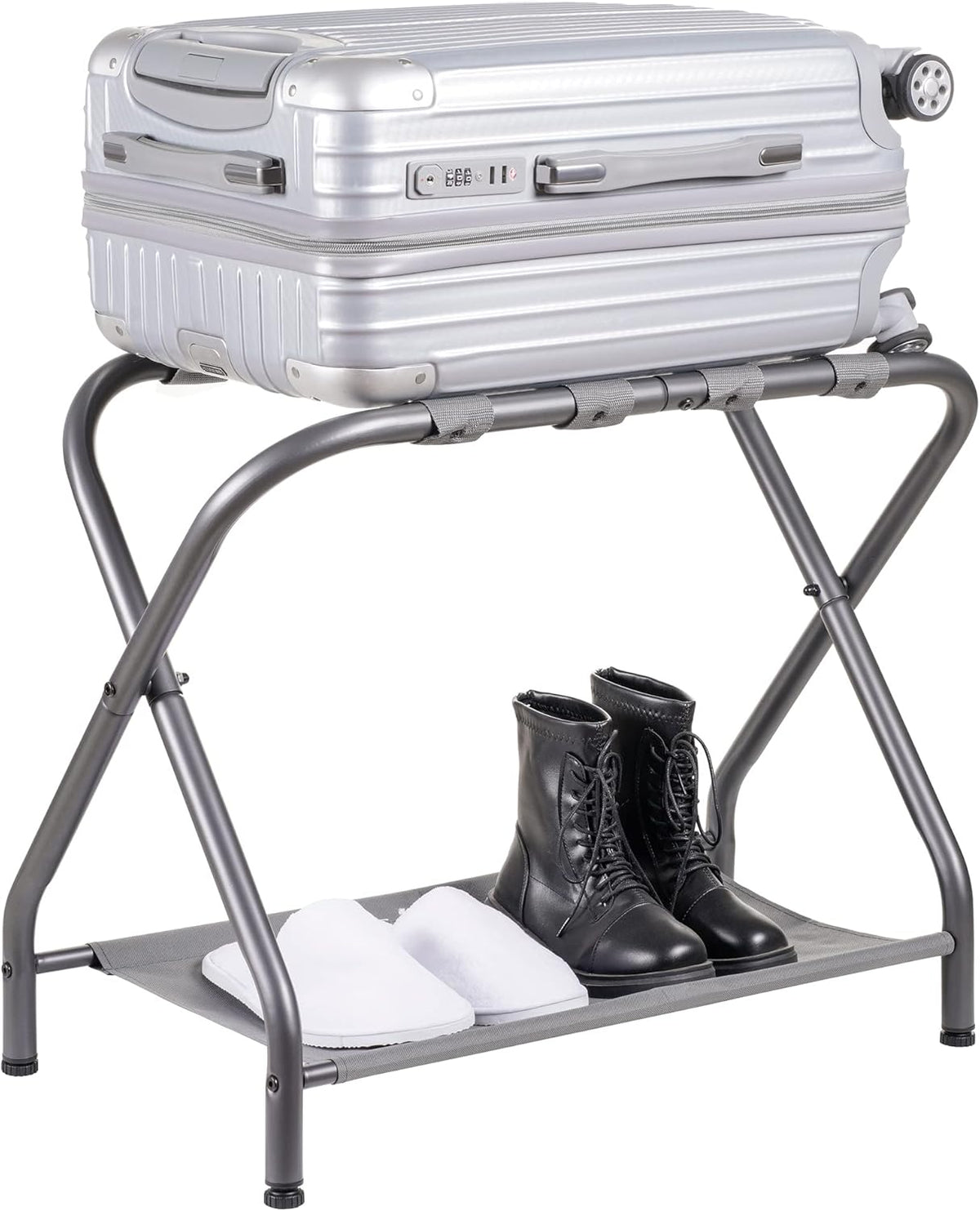 Heybly Luggage Rack, Steel Folding Suitcase Stand with Storage Shelf for Bedroom, Hotel, Foldable Steel Frame, Guest Room Bedroom Hotel, 22.8" L x 11.8" W x 20.9" H, Gray HLR004G1