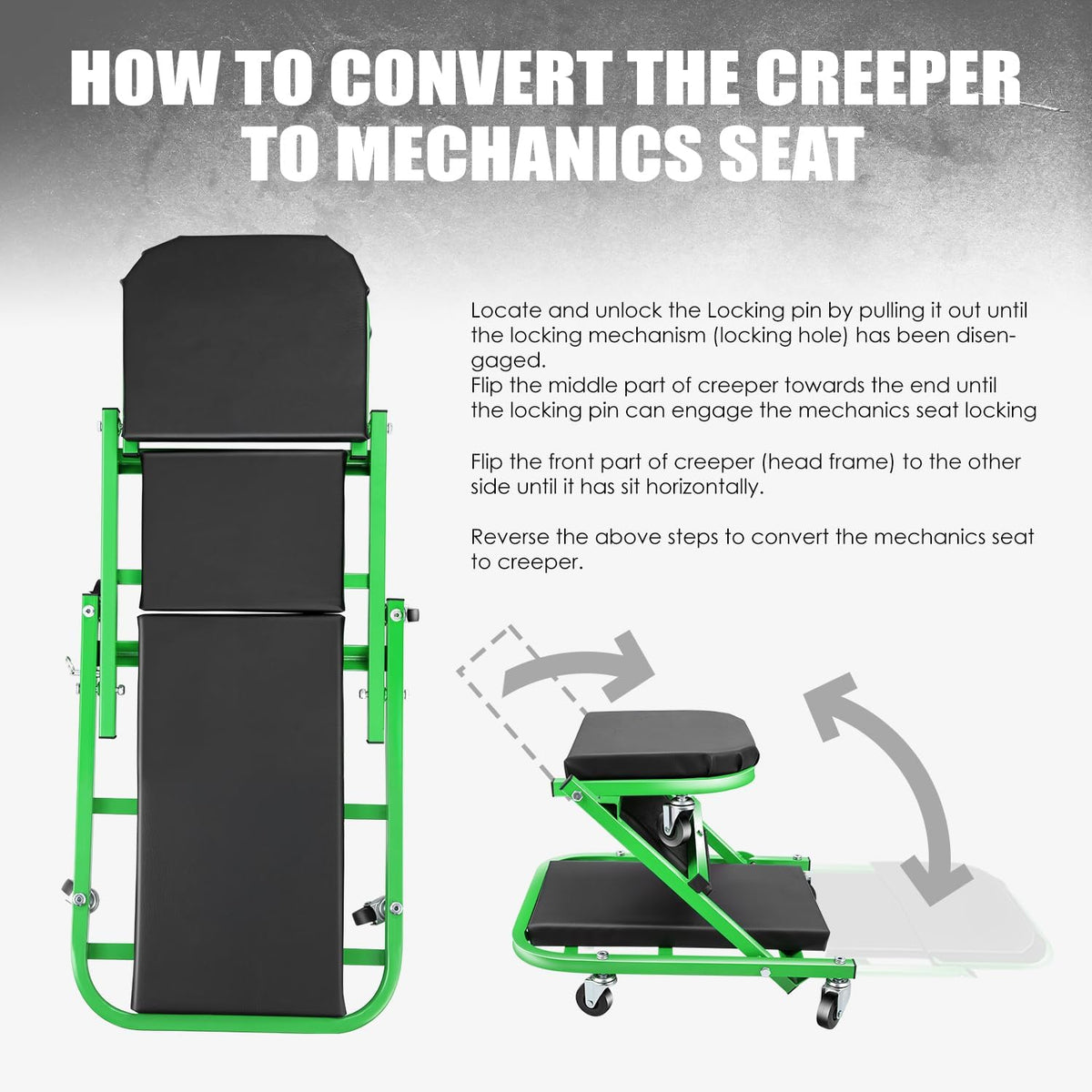DNA MOTORING 40 Inches Folding 2 in 1 Rolling Z Creeper, Adjustable Roller Garage Chair Lay Down or Sit, 6 Pcs 2" Casters, 150kg Weight Capacity, Green, TOOLS-00187-GR